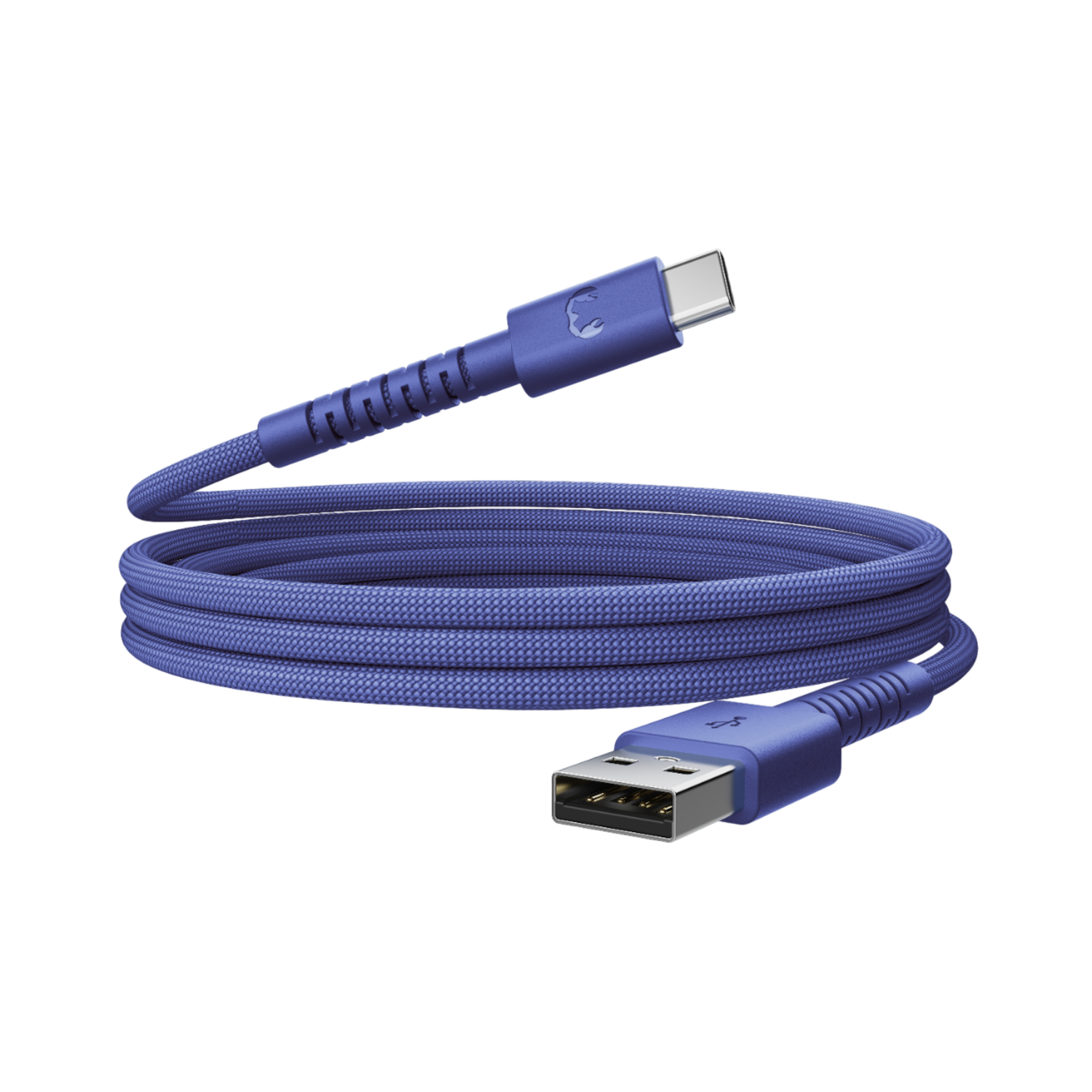 Un câble USB bleu avec des connecteurs USB-C et USB-A. Le câble est enroulé. Fond noir.