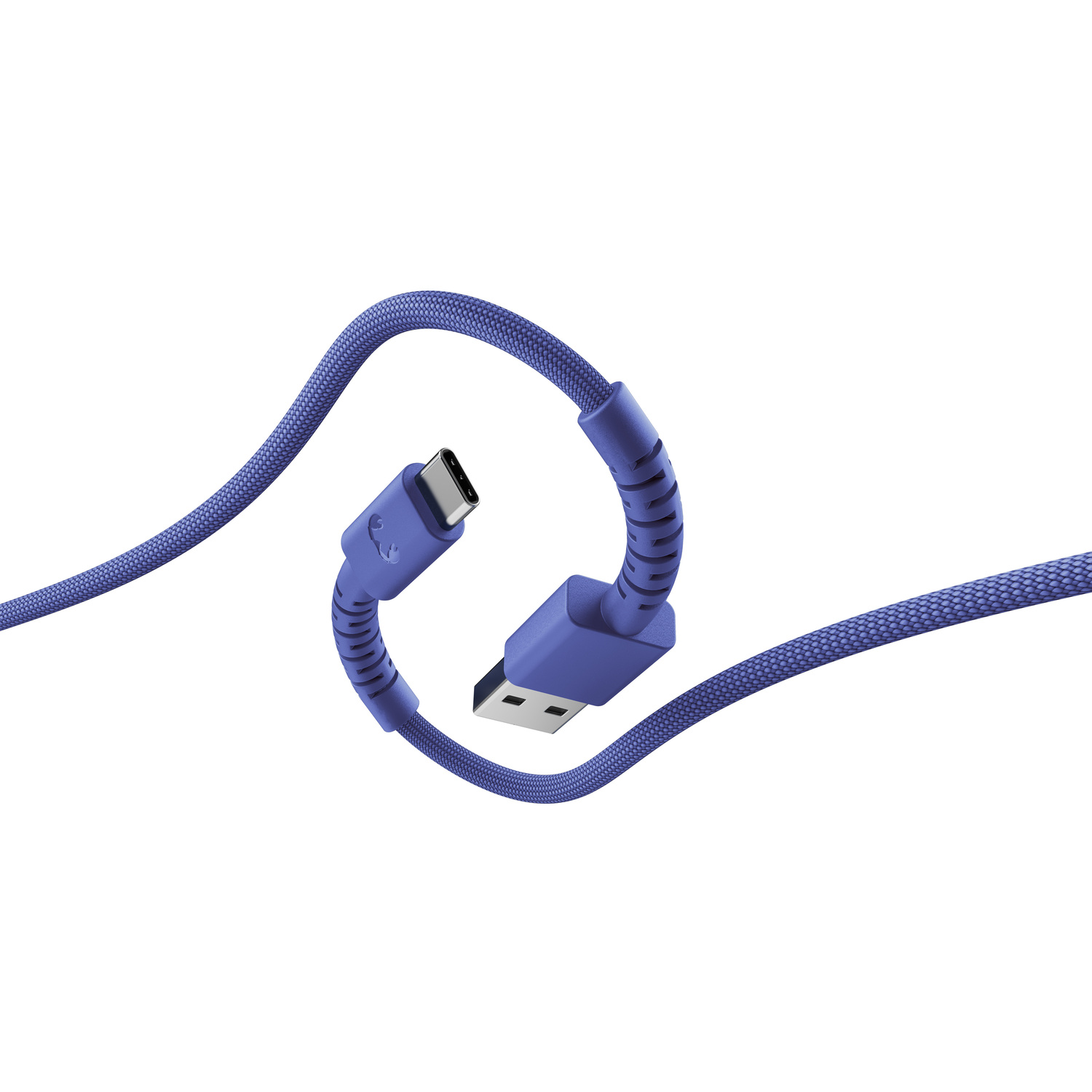 Un câble USB bleu avec connecteurs USB-C et USB-A, isolé sur fond blanc. Le câble est courbé.