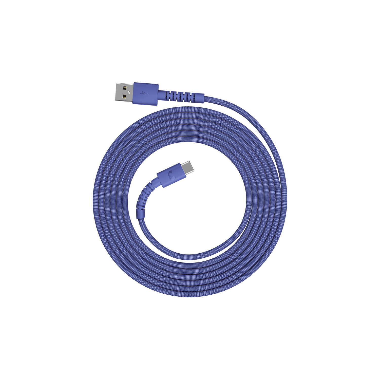 Un câble de chargement USB-C bleu avec une extrémité USB-A. Sur fond blanc, montrant l'intégralité du câble.