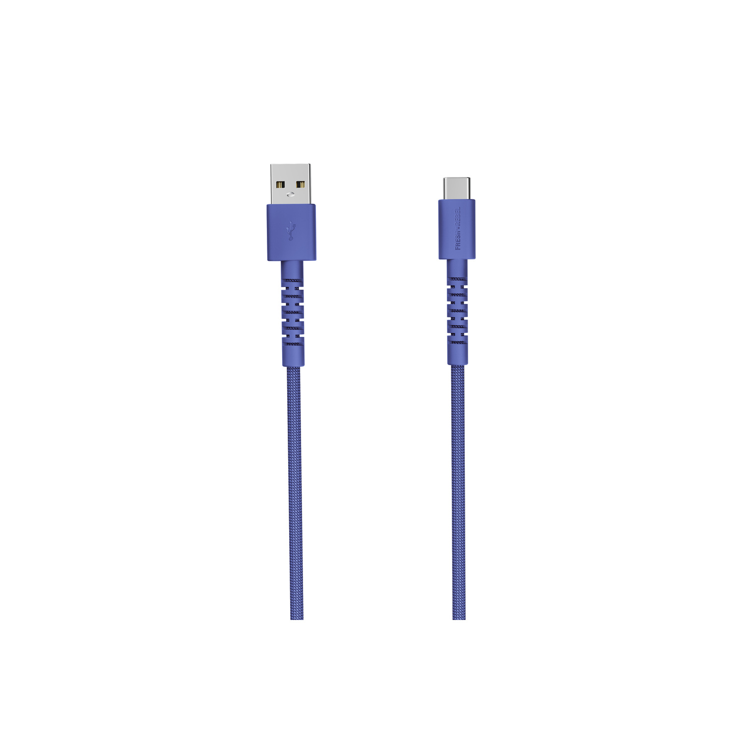 Deux câbles USB bleus sur fond blanc. L'un est USB-A, l'autre USB-C. Les deux sont reliés par un câble bleu.
