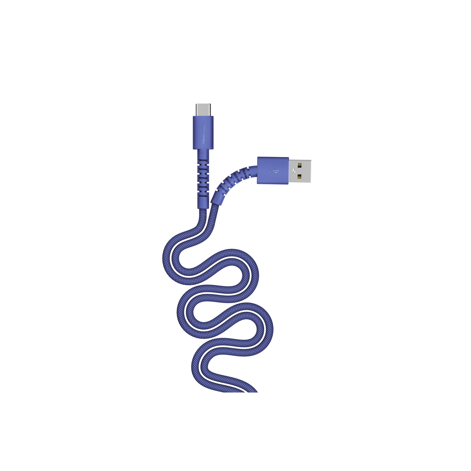 Un câble de charge USB bleu. Il possède des connecteurs USB-C et USB-A, et le câble est à motifs et enroulé.