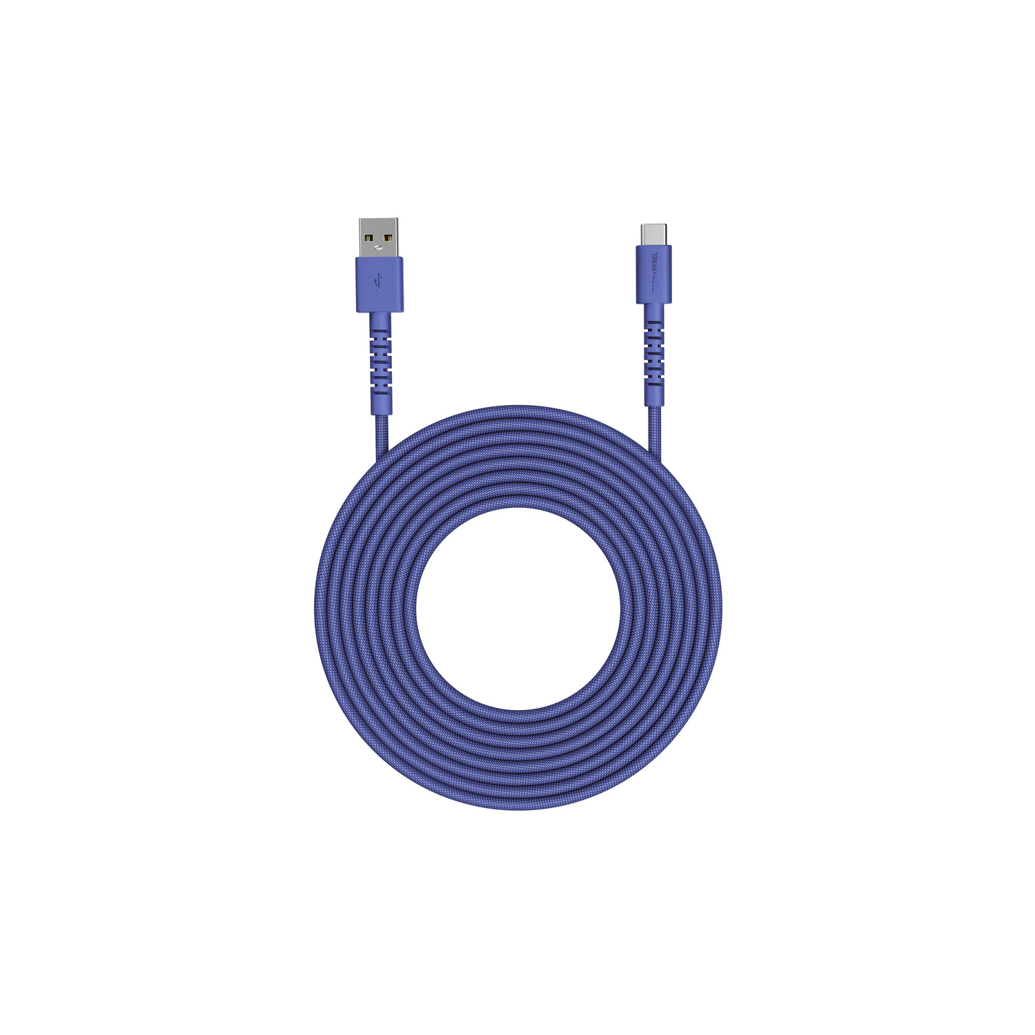 Un câble USB-C bleu, enroulé en boucle, avec des connecteurs USB et USB-C à chaque extrémité, isolé sur fond blanc.