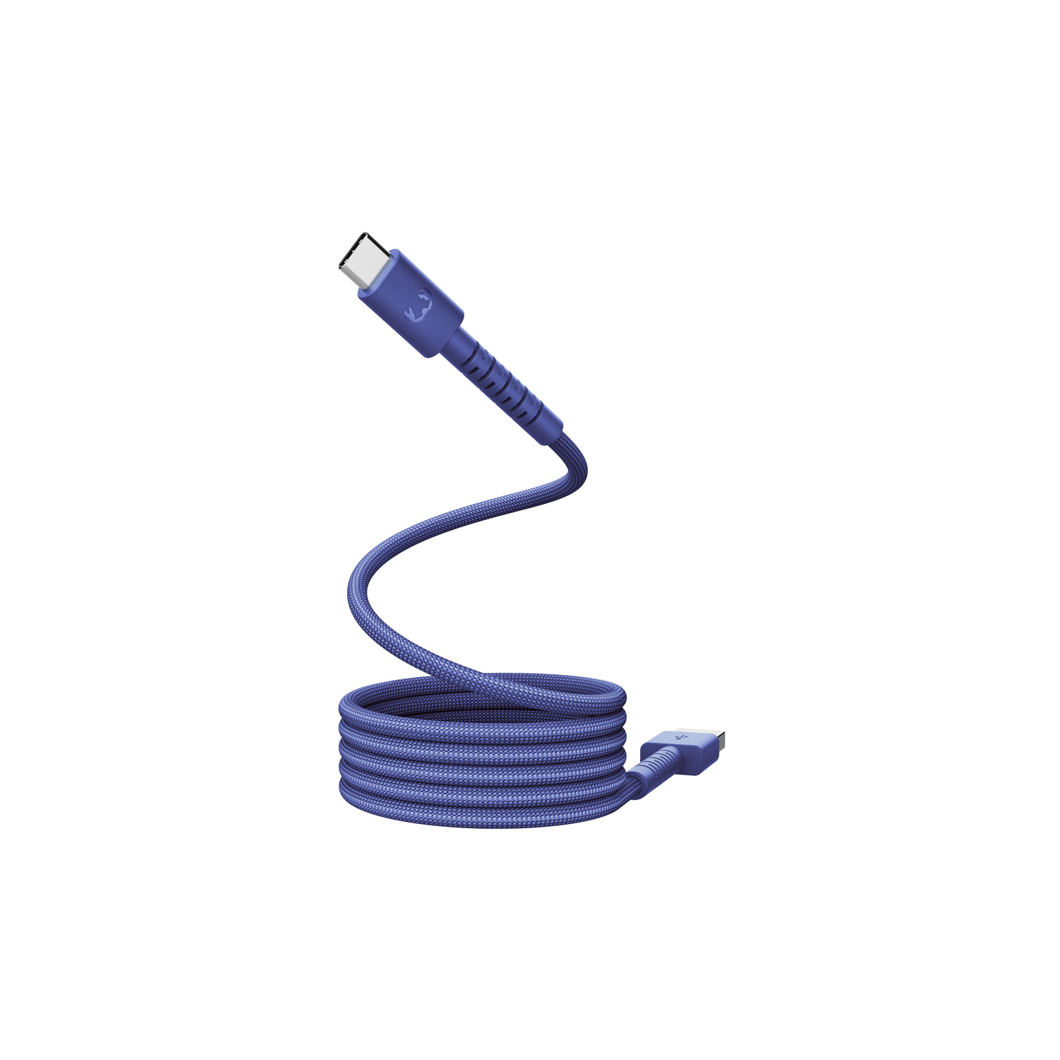 Un câble de chargement USB-C bleu sur fond blanc. Le câble est enroulé et possède des connecteurs aux deux extrémités.