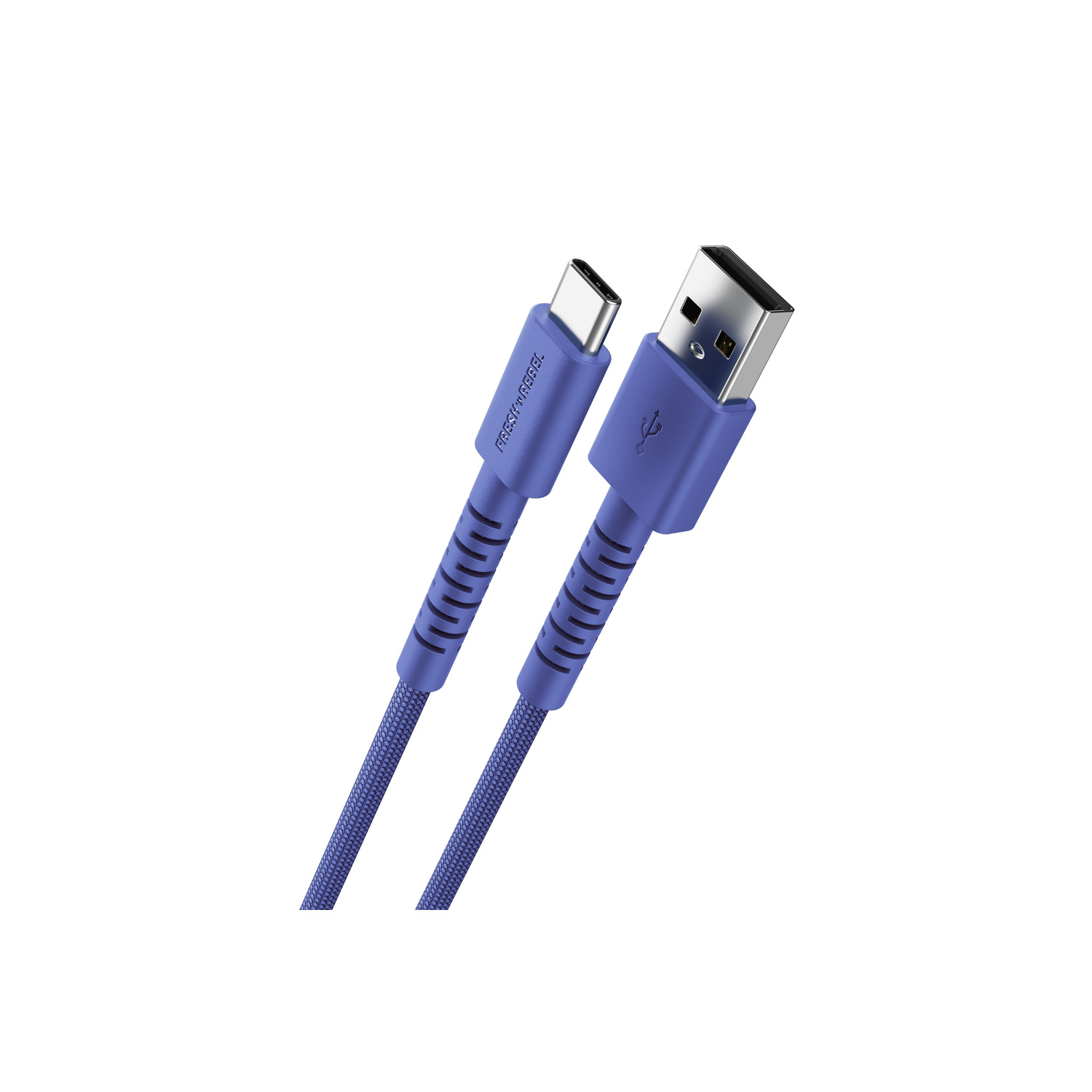 Un câble bleu USB-C vers USB-A sur fond blanc. L'extrémité USB-C est à gauche, USB-A à droite. Le câble est marqué 'Fresh 'n Rebel'.