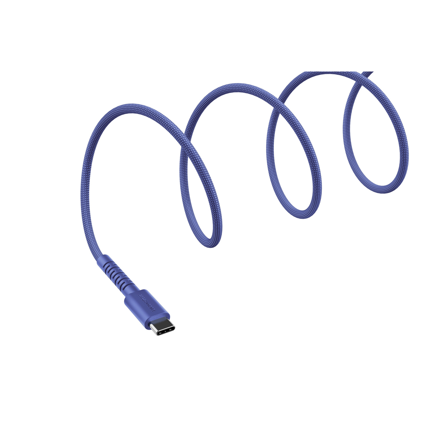 Un câble USB-C bleu avec un design tressé, enroulé sur fond blanc. Le connecteur est visible.