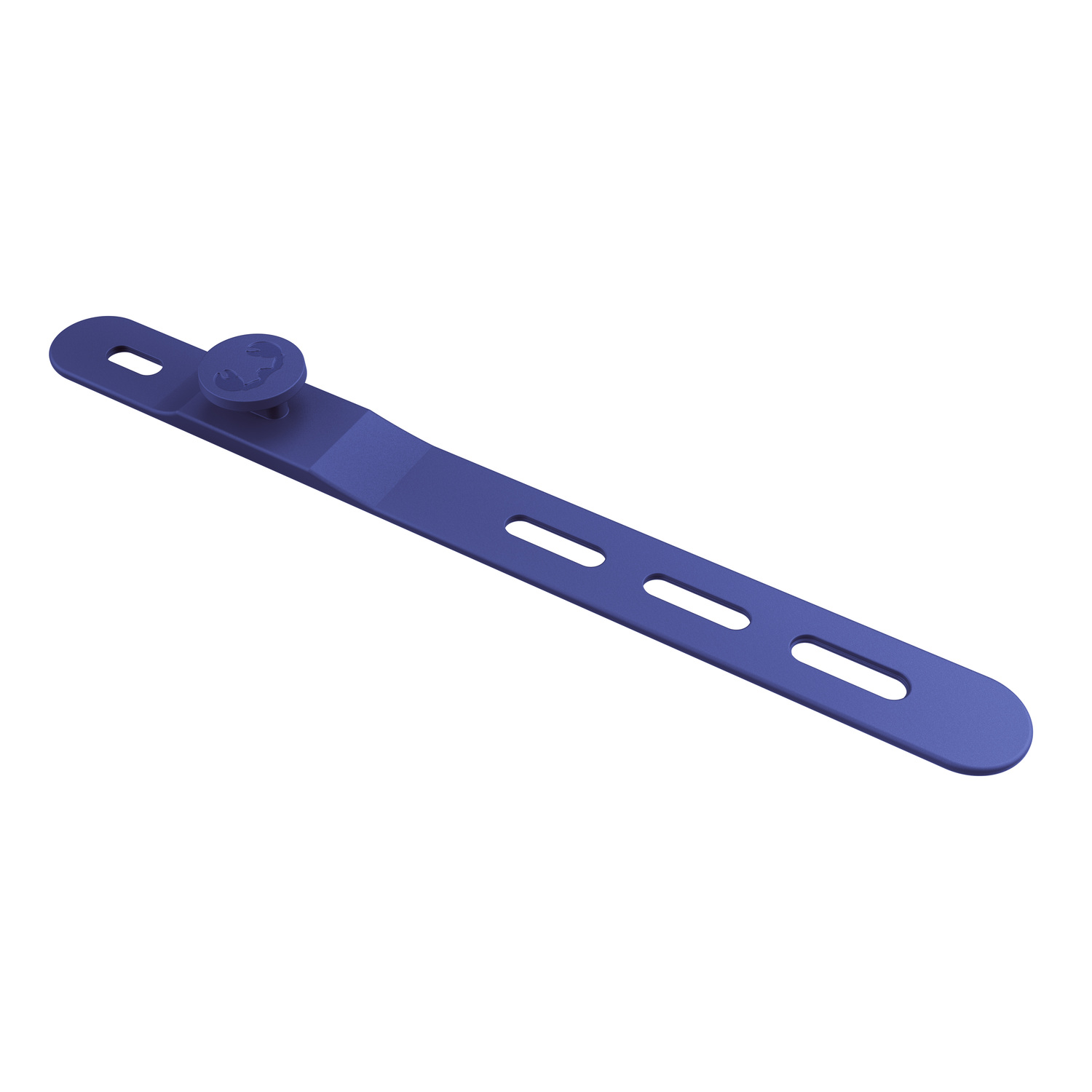 Une sangle en plastique bleu avec un bouton circulaire et trois trous allongés, sur fond blanc.