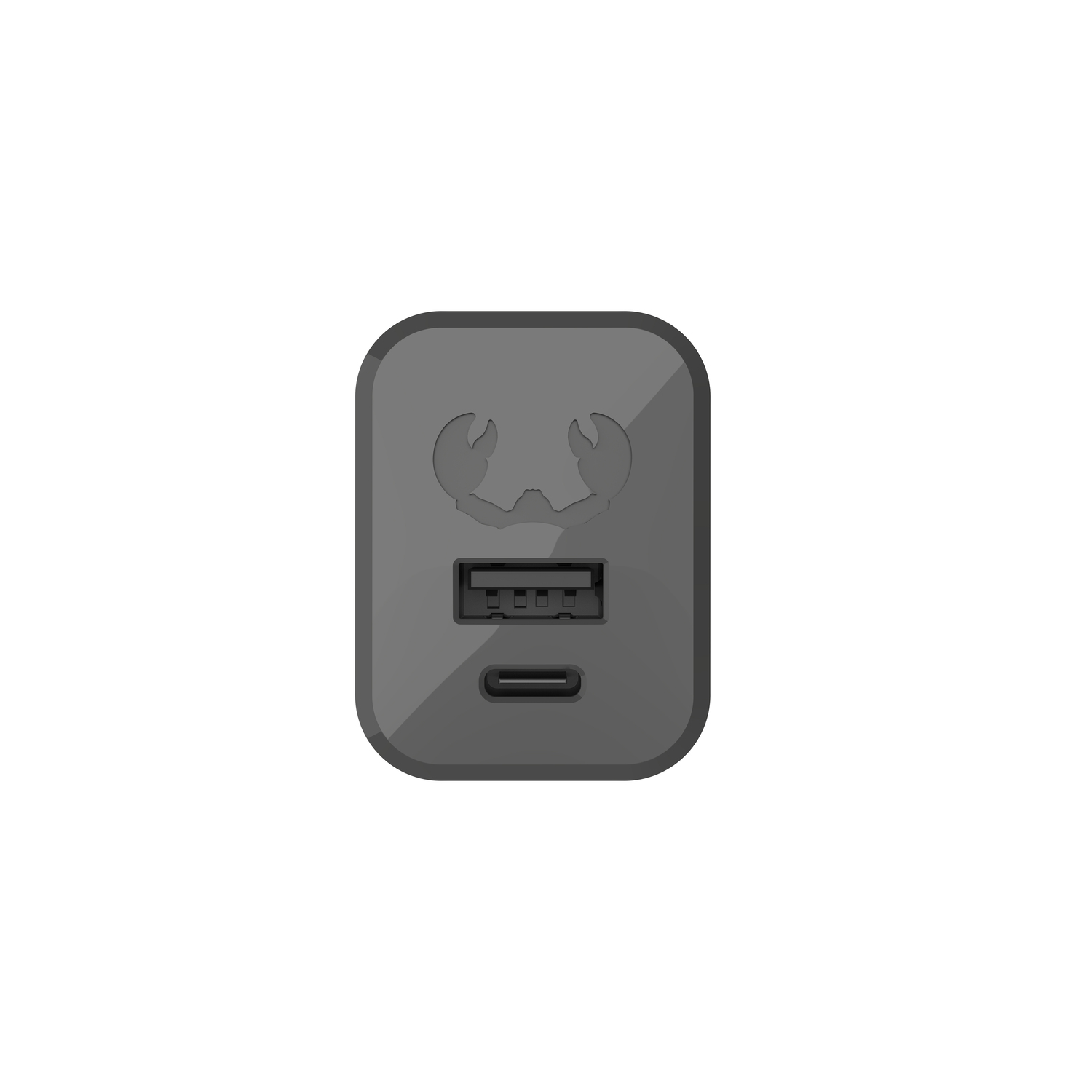 A gray, rectangular USB charger with a crab logo. It has a USB port and a USB-C port. The background is white.