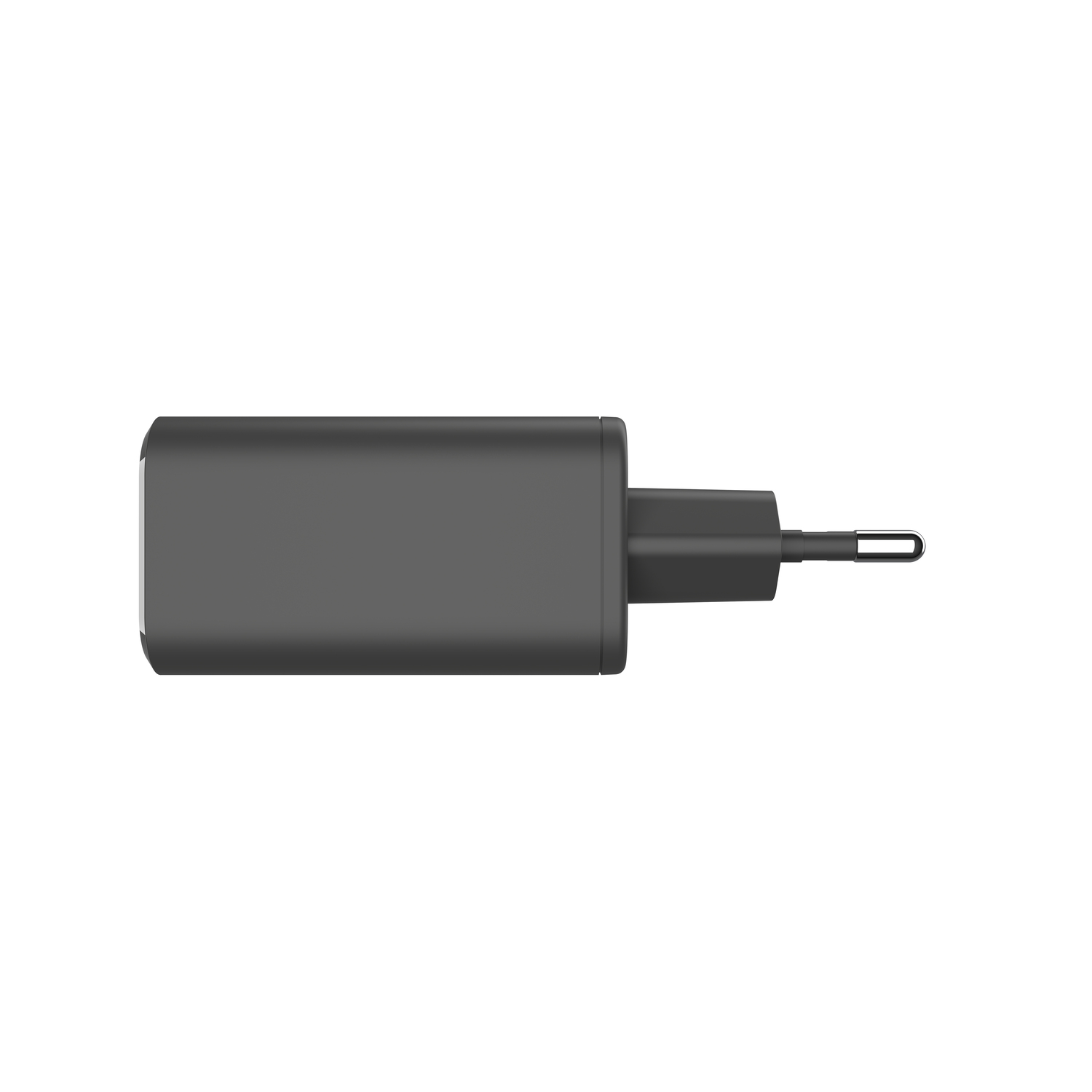 A dark gray phone charger, top view, on a white background.