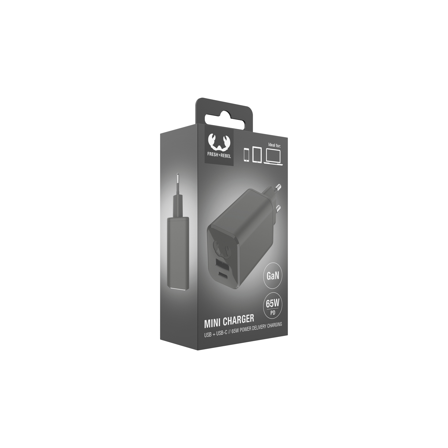 A Fresh 'n Rebel mini charger in a box. It is gray and has a USB and USB-C port. The box says 65W PD and ideal for laptop.