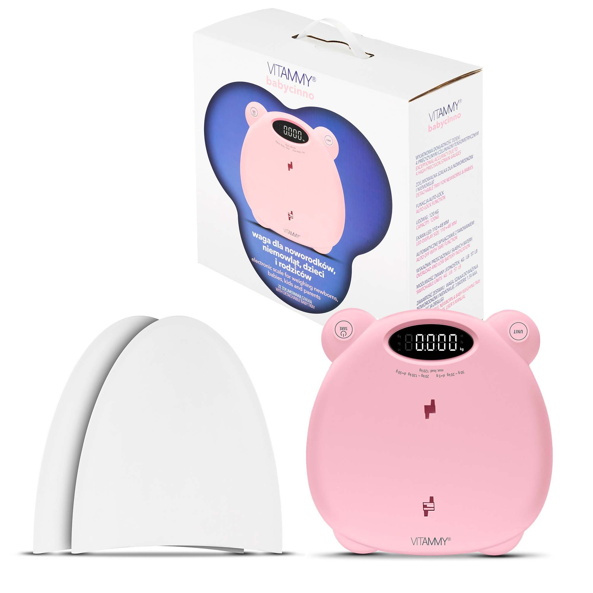 Różowa waga dla dziecka z białą tacką i opakowaniem. Waga pokazuje 0,000. Na pudełku znajduje się logo Vitammy.