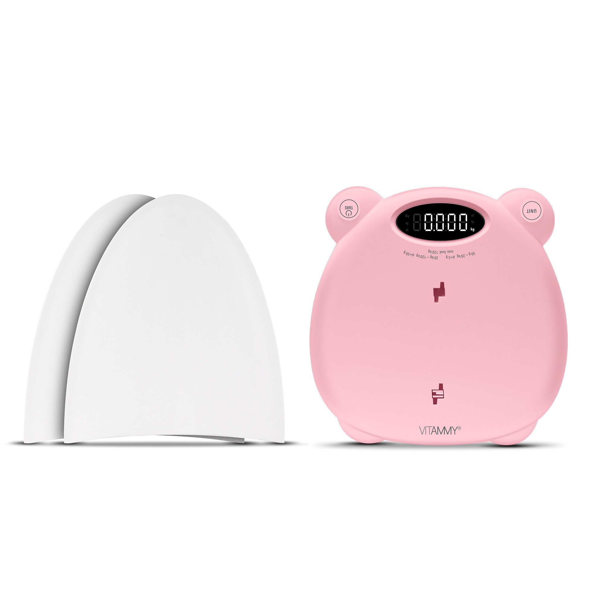 Różowa waga w kształcie żaby z białym przedmiotem po lewej stronie. Waga wyświetla 0,000.