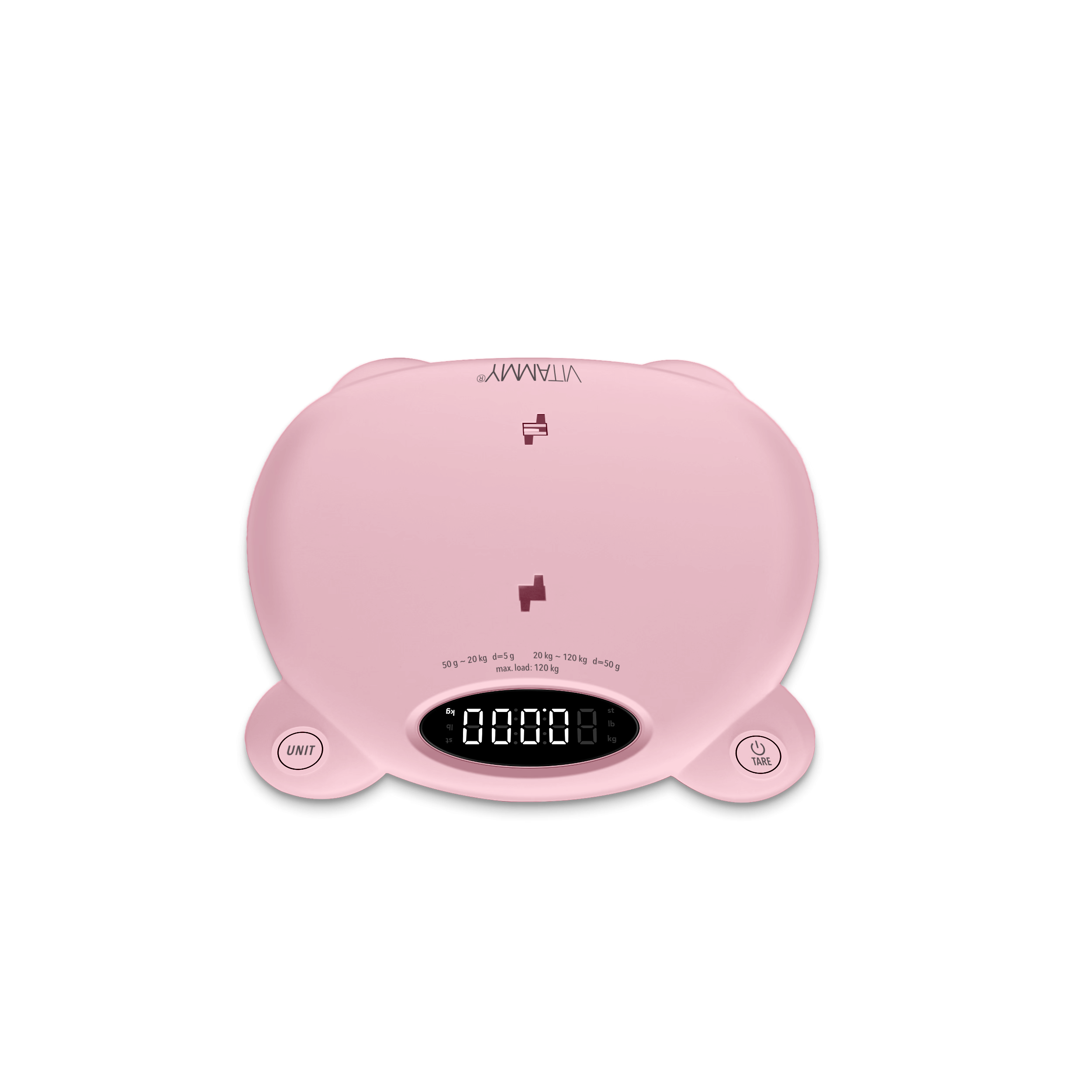Różowa waga VITAMMY na czarnym tle. Ma cyfrowy wyświetlacz z liczbami. Przyciski to 'UNIT' i 'TARE'.