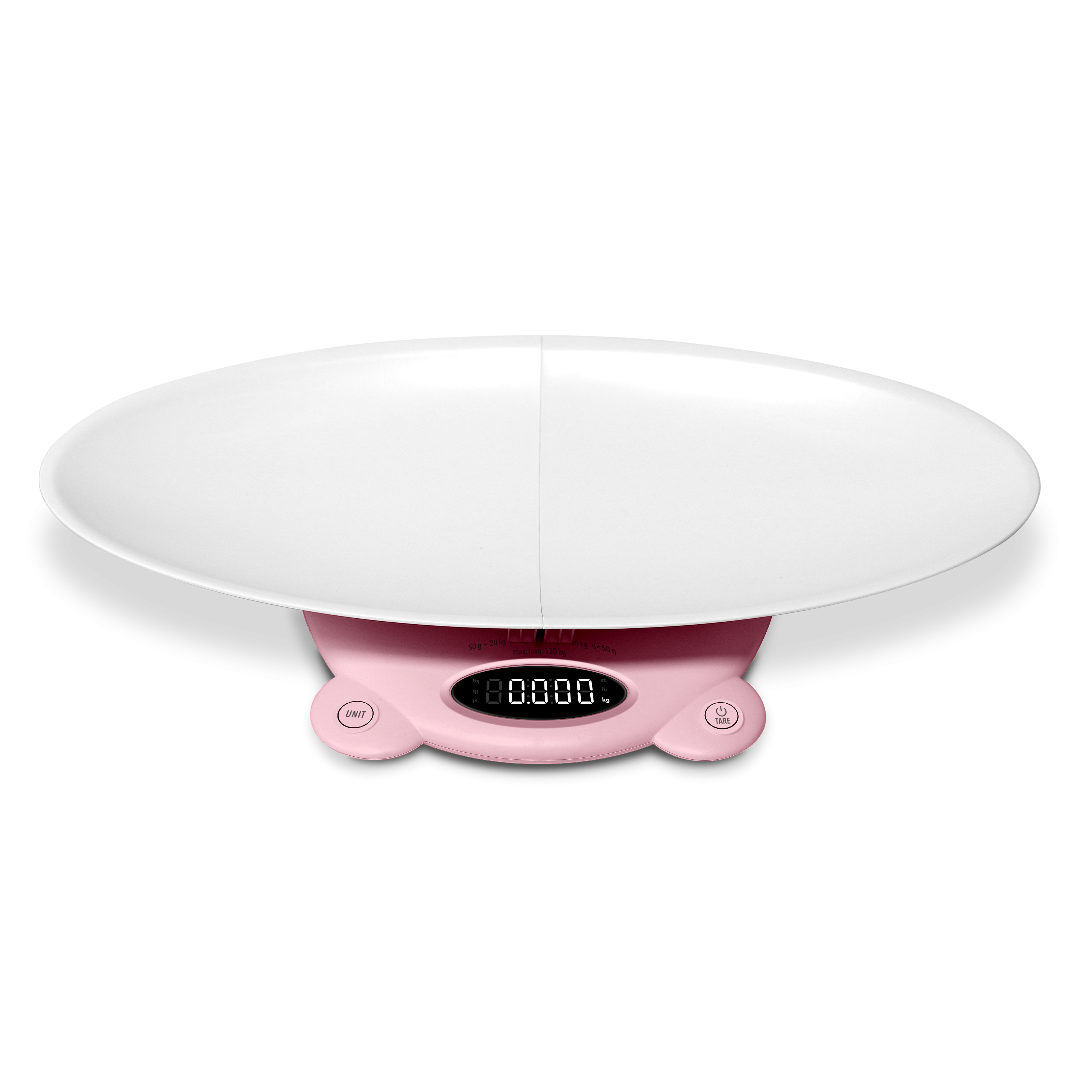 Różowa waga dla dziecka z białym blatem na czarnym tle. Waga pokazuje 0,000.