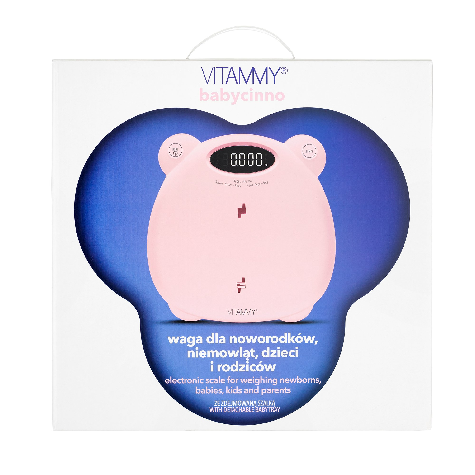 Różowa waga dla dziecka z cyfrowym wyświetlaczem pokazującym 0,000 kg, na niebiesko-białym tle.