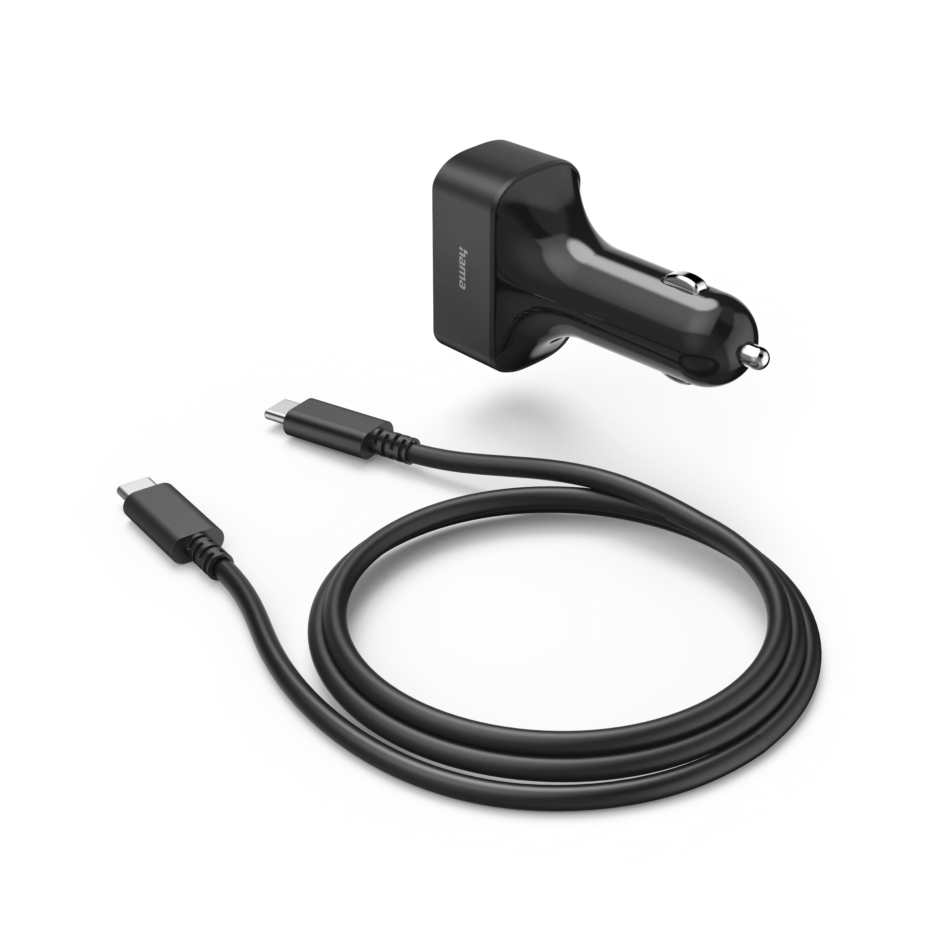 Czarna ładowarka samochodowa z kablem USB-C. Ładowarka ma logo 'hama'.