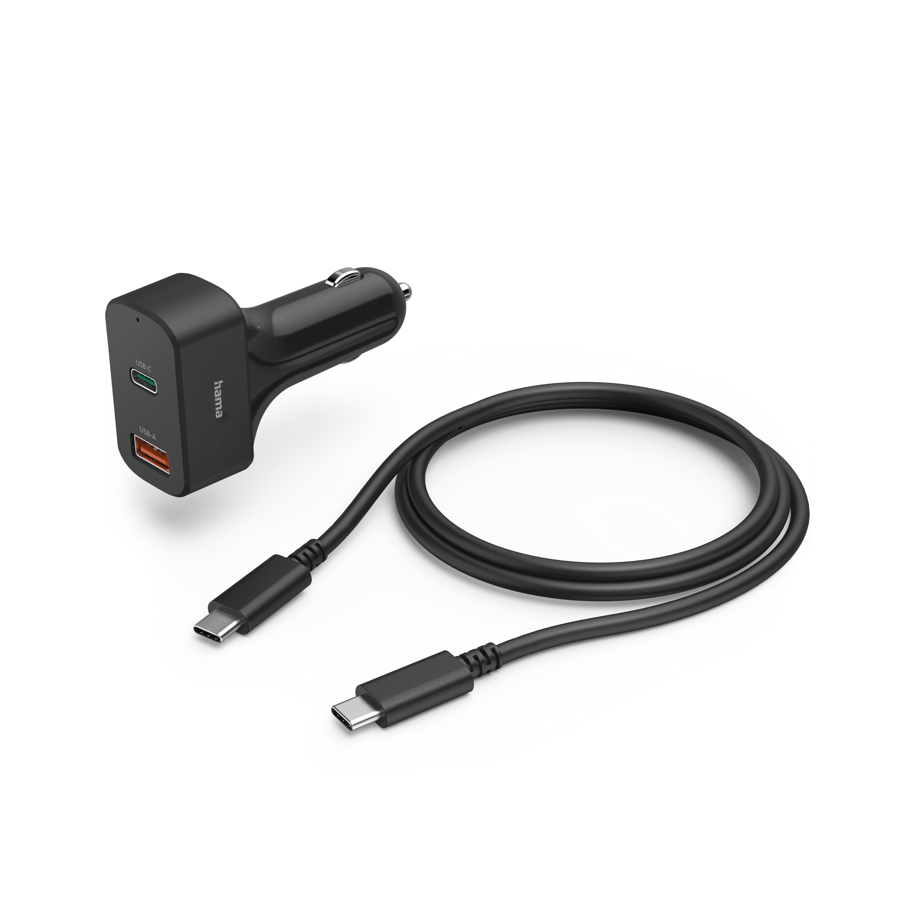 Czarna ładowarka samochodowa z portami USB-C i USB-A, czarny kabel i białe tło.