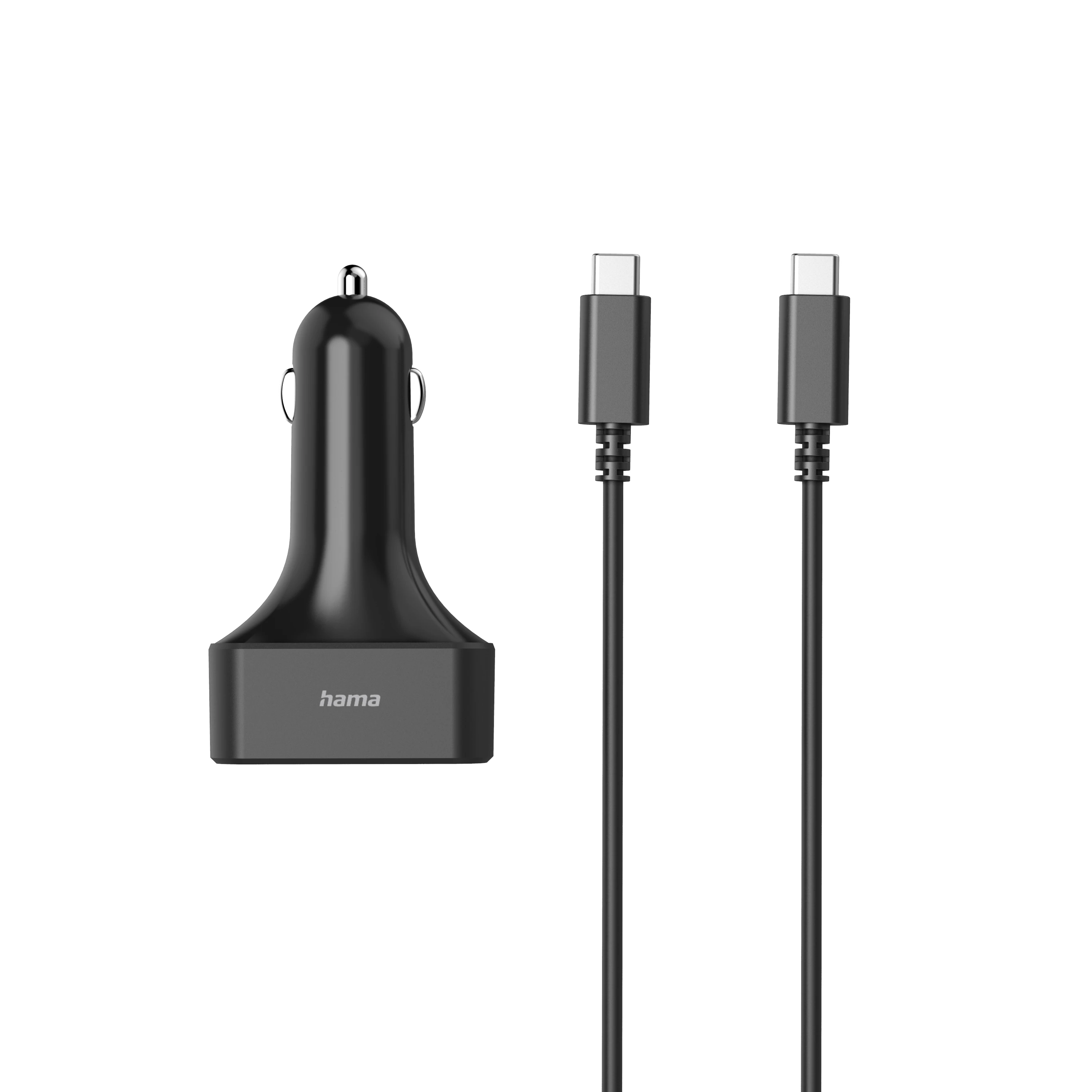 Czarna ładowarka samochodowa i dwa kable USB-C na białym tle. Ładowarka ma srebrną końcówkę.