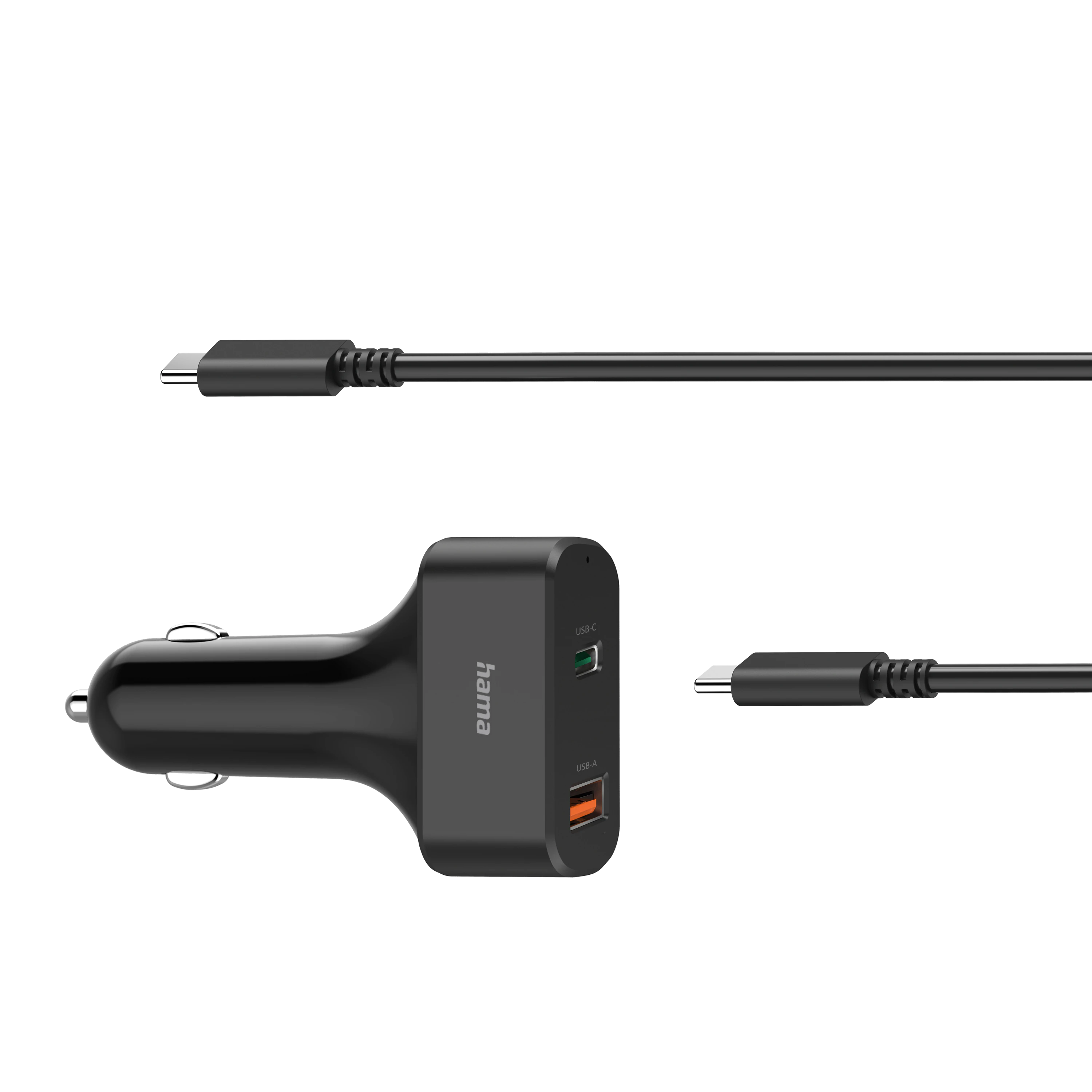 Czarna ładowarka samochodowa z portami USB-C i USB-A, z dwoma podłączonymi czarnymi kablami, wszystko na czarnym tle.