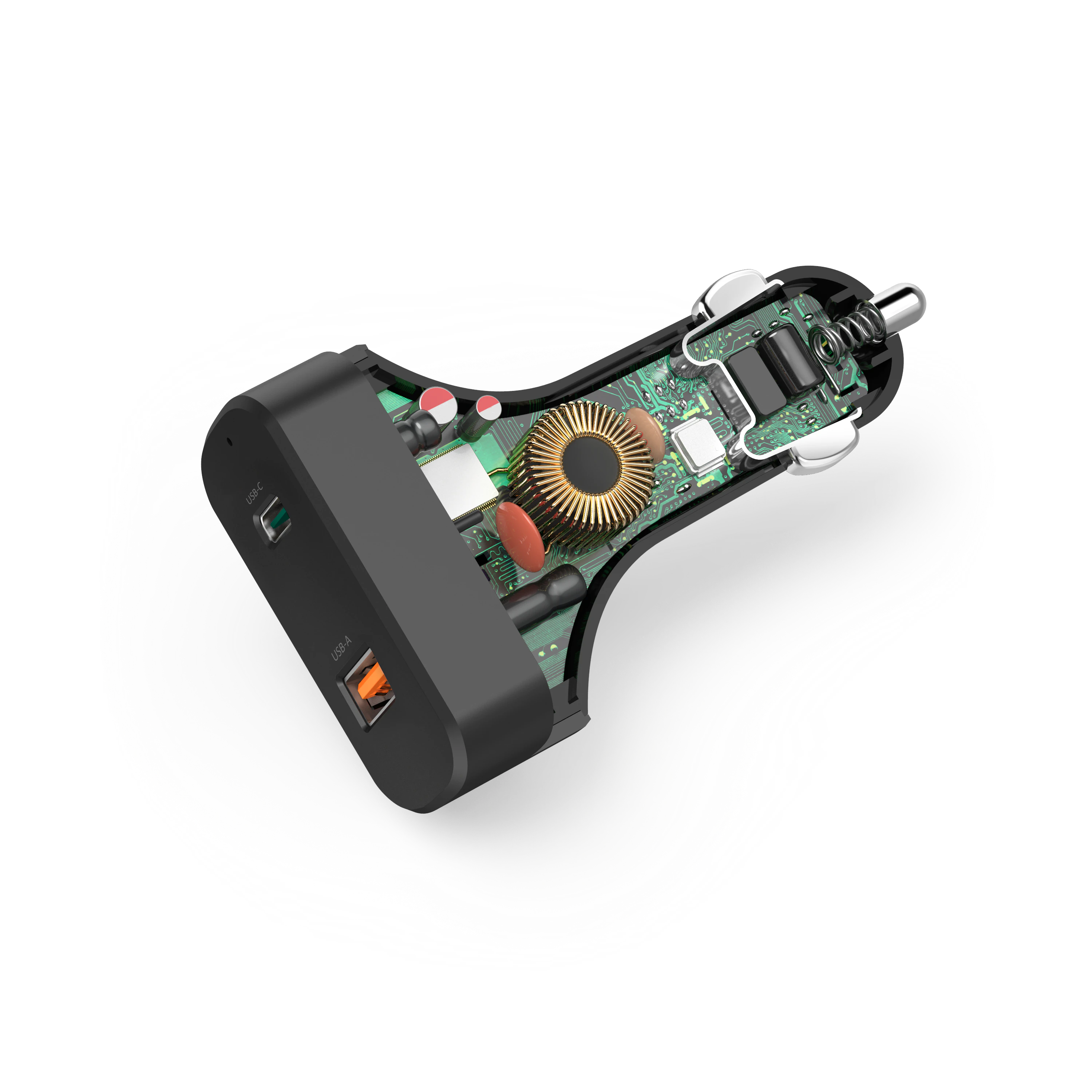 Przekrój czarnej ładowarki samochodowej pokazujący wewnętrzne komponenty i porty USB, na białym tle.