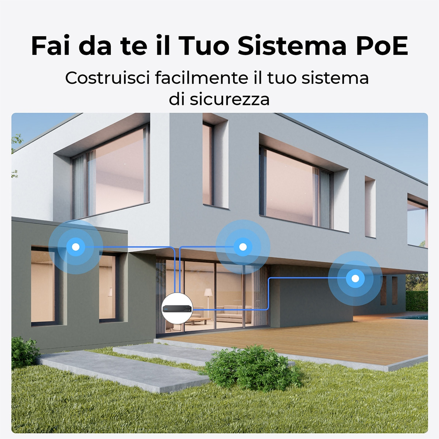 Una casa moderna con diagramma del sistema di sicurezza. Linee blu collegano cerchi alla casa. Testo in italiano.