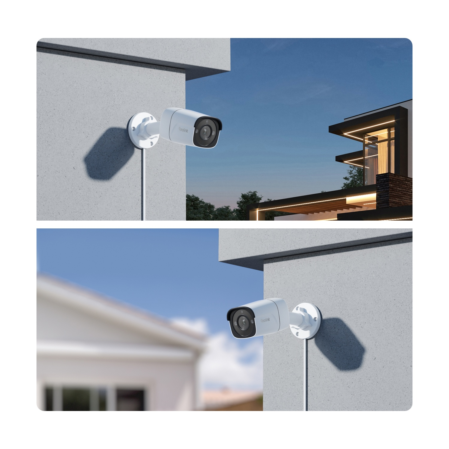 Due immagini mostrano telecamere di sicurezza bianche montate su muri grigi. Sfondo: casa e cielo blu.