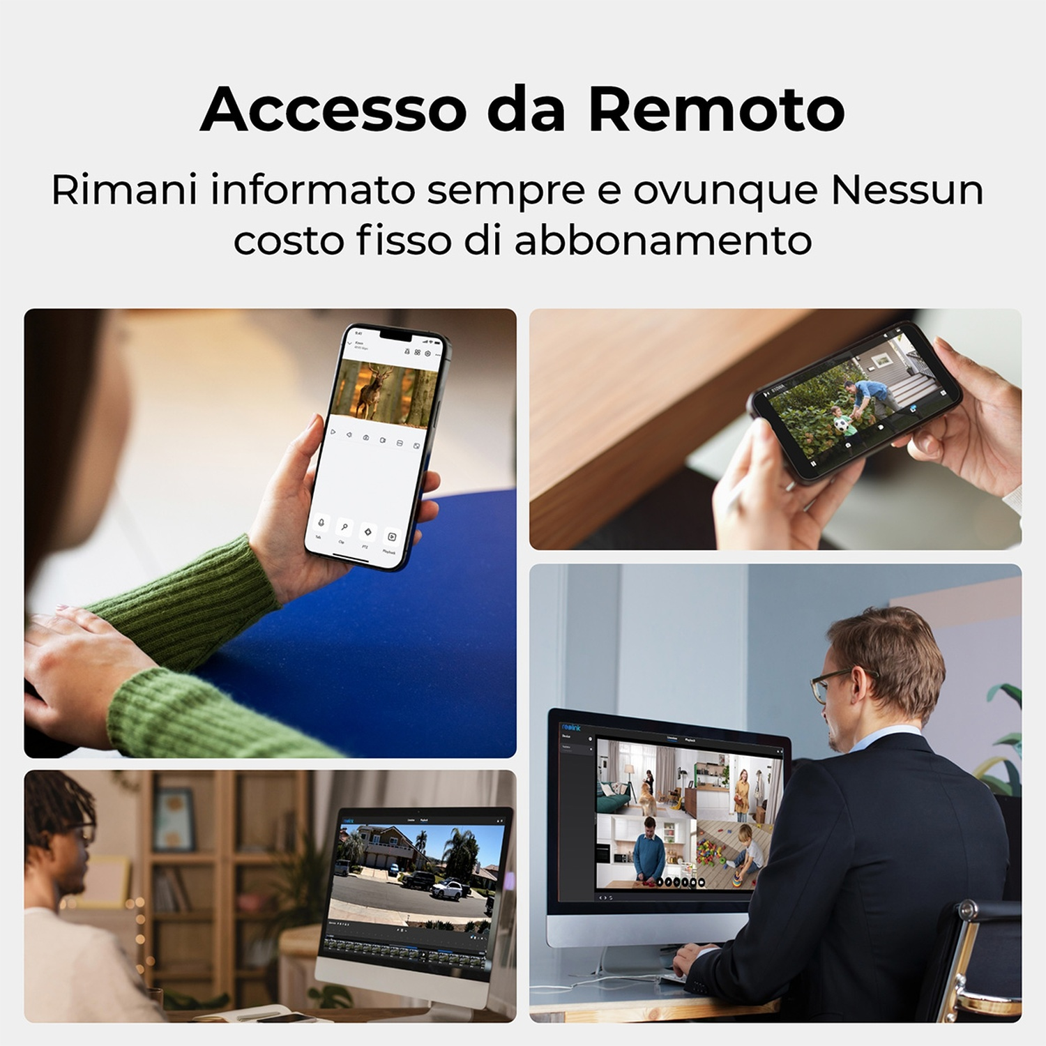 L'immagine mostra il concetto di accesso remoto. Include schermi di telefoni e computer che mostrano flussi video in diretta e interfacce di monitoraggio.