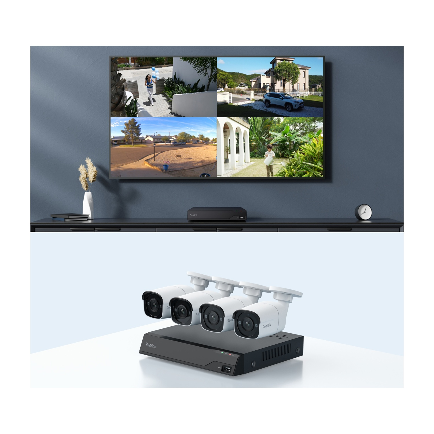 Un monitor mostra quattro viste di telecamere di sicurezza. Sotto, quattro telecamere di sicurezza bianche su un DVR nero.