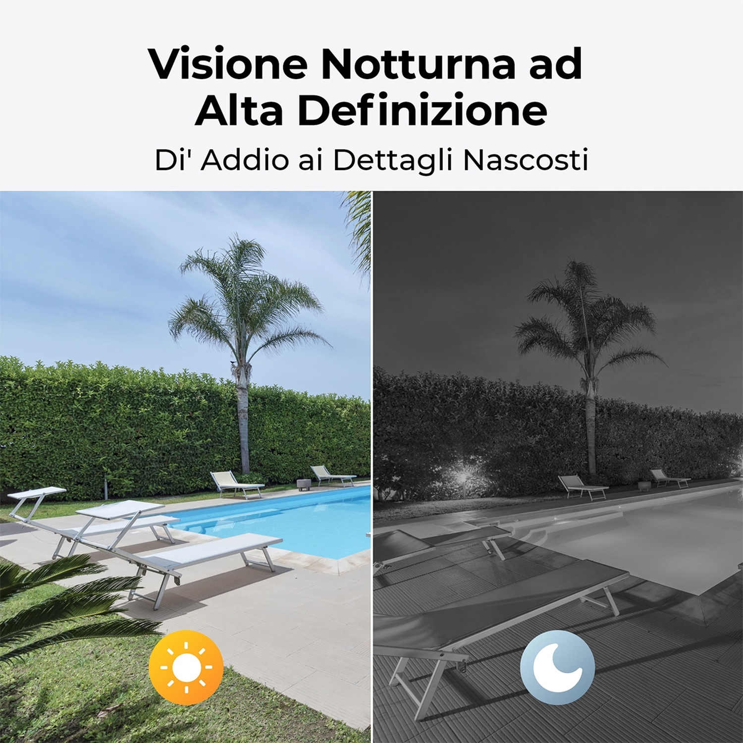 Immagine divisa mostra una scena diurna con piscina, palma e sole, e una scena notturna in scala di grigi con luna.