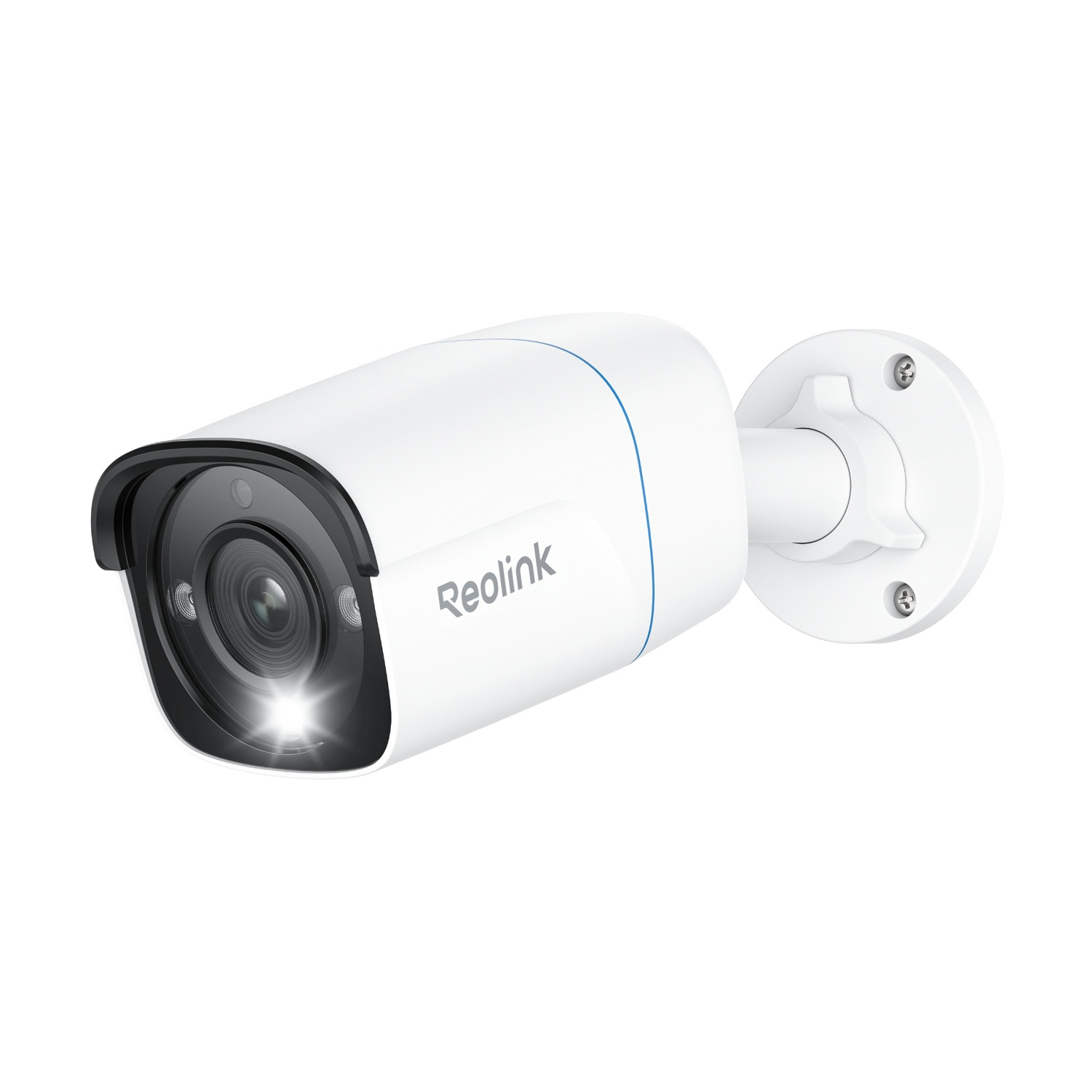Telecamera di sicurezza Reolink bianca con obiettivo nero, striscia blu e base di montaggio, su sfondo bianco.
