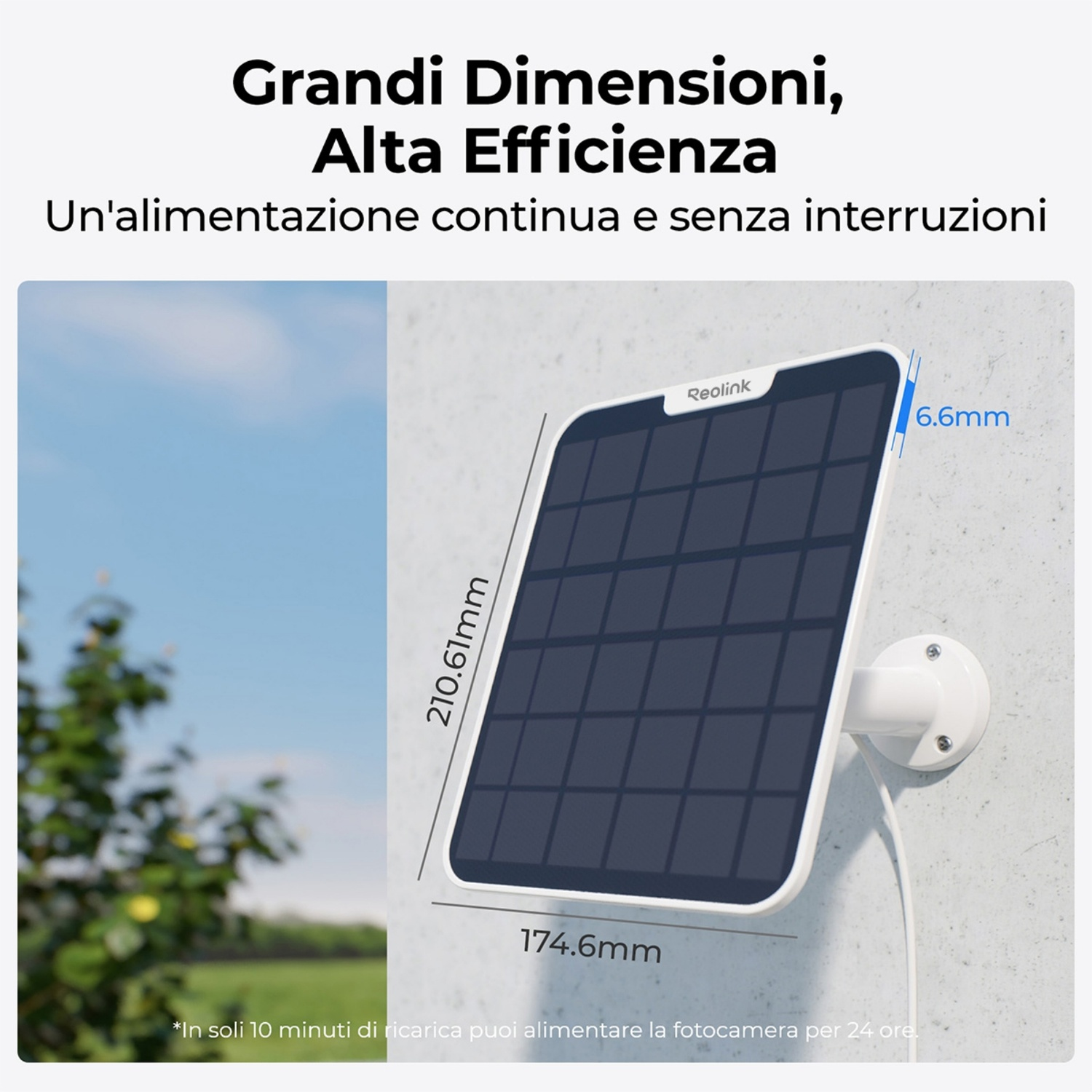 Pannello solare su un muro. Dimensioni in mm mostrate. Testo: Grandi dimensioni, alta efficienza. 10 min di carica = 24 ore di alimentazione.