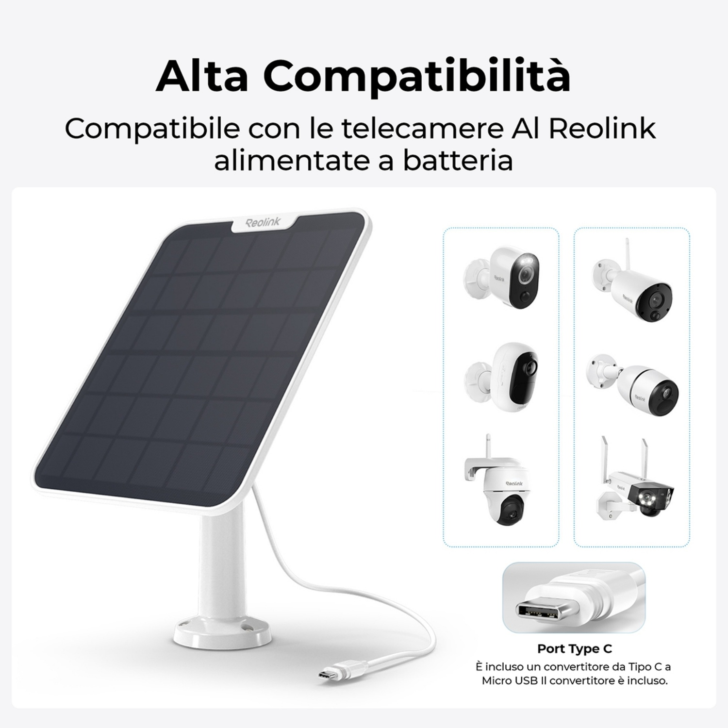 L'immagine mostra un pannello solare, telecamere di sicurezza e una porta di tipo C. Il testo indica la compatibilità con le telecamere Reolink.