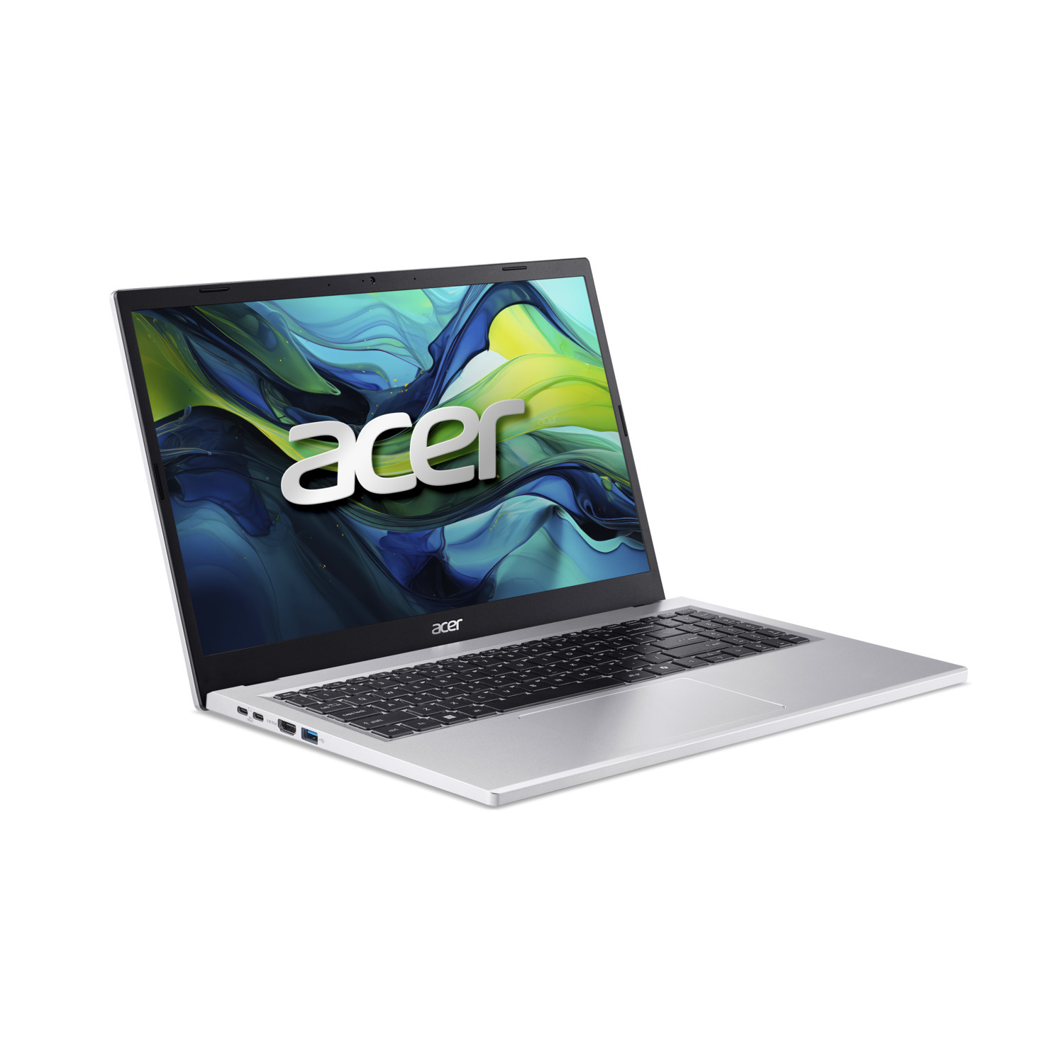 Zilveren Acer laptop op een witte achtergrond. Het scherm toont een kleurrijk abstract ontwerp. Het toetsenbord is zwart.