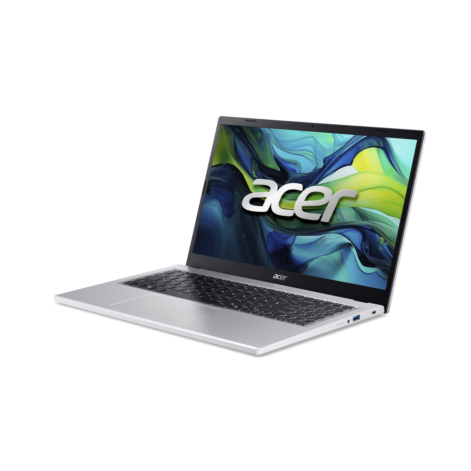 Een zilveren Acer-laptop wordt weergegeven op een witte achtergrond. Het scherm toont een kleurrijke abstracte afbeelding. De laptop is licht geopend.