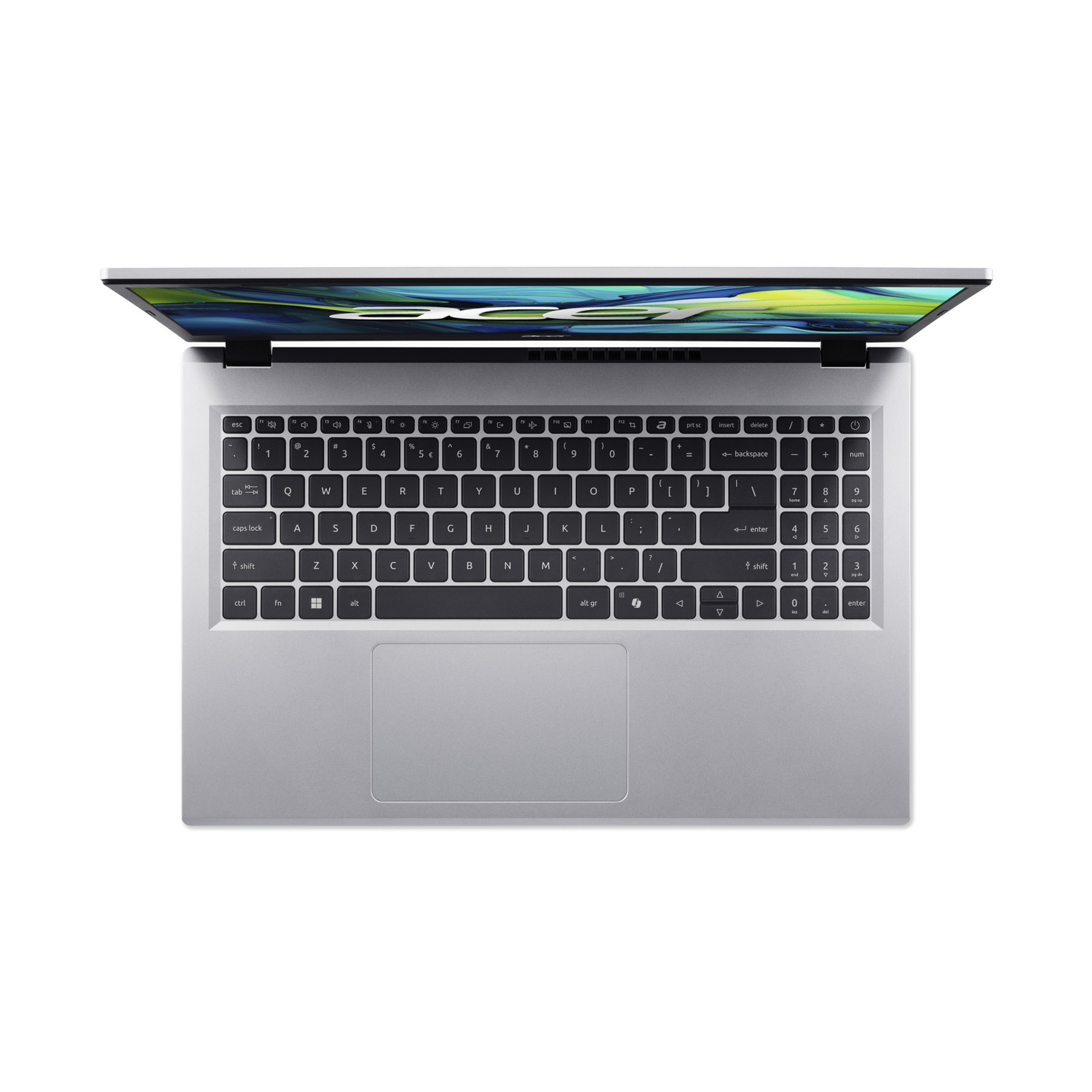 Een zilveren laptop, bovenaanzicht, open op een wit oppervlak. Het toetsenbord is zichtbaar, met een kleurrijk beeld.