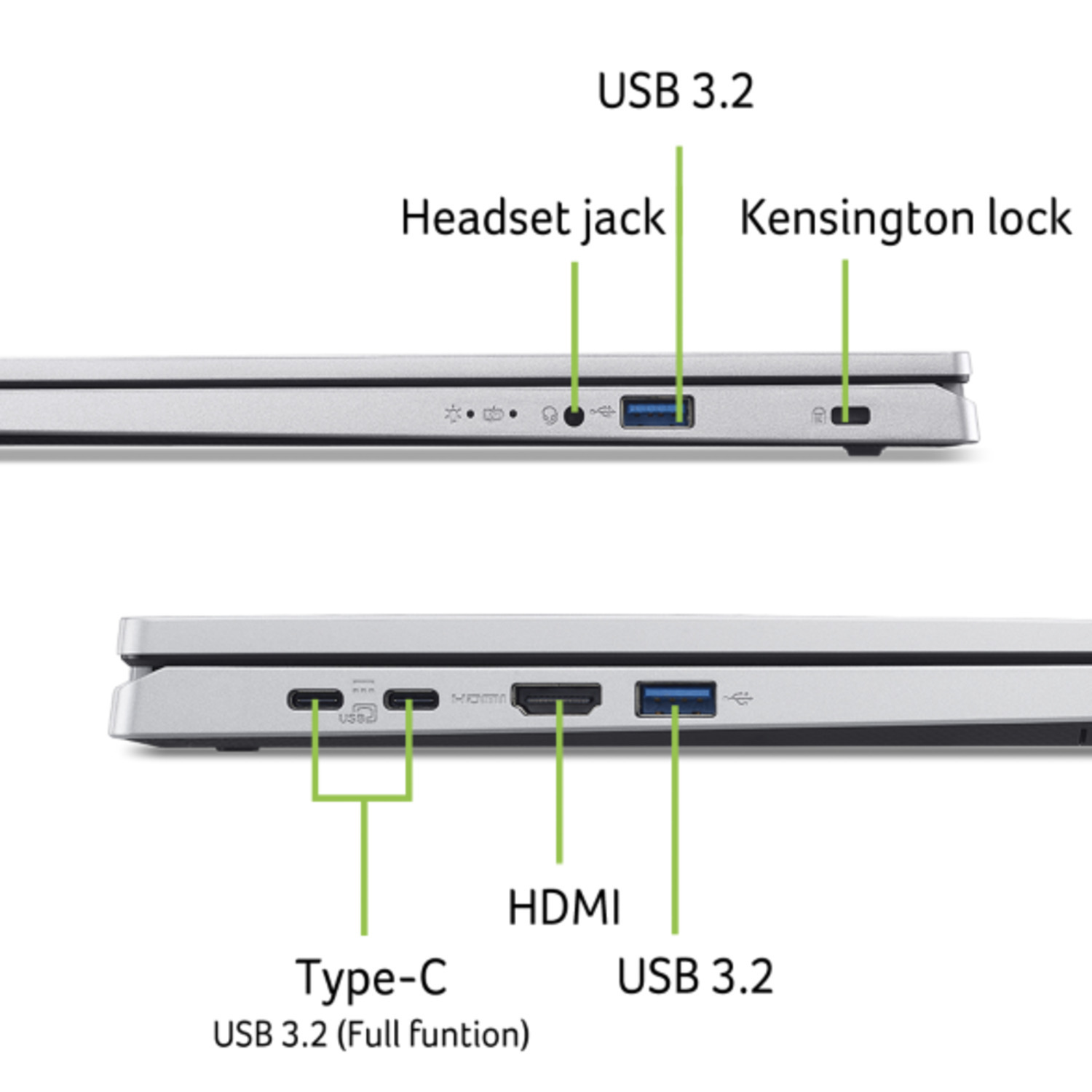 Zijaanzicht van laptop met USB 3.2, headsetaansluiting, Kensington-slot, Type-C, HDMI en extra USB 3.2-poorten.