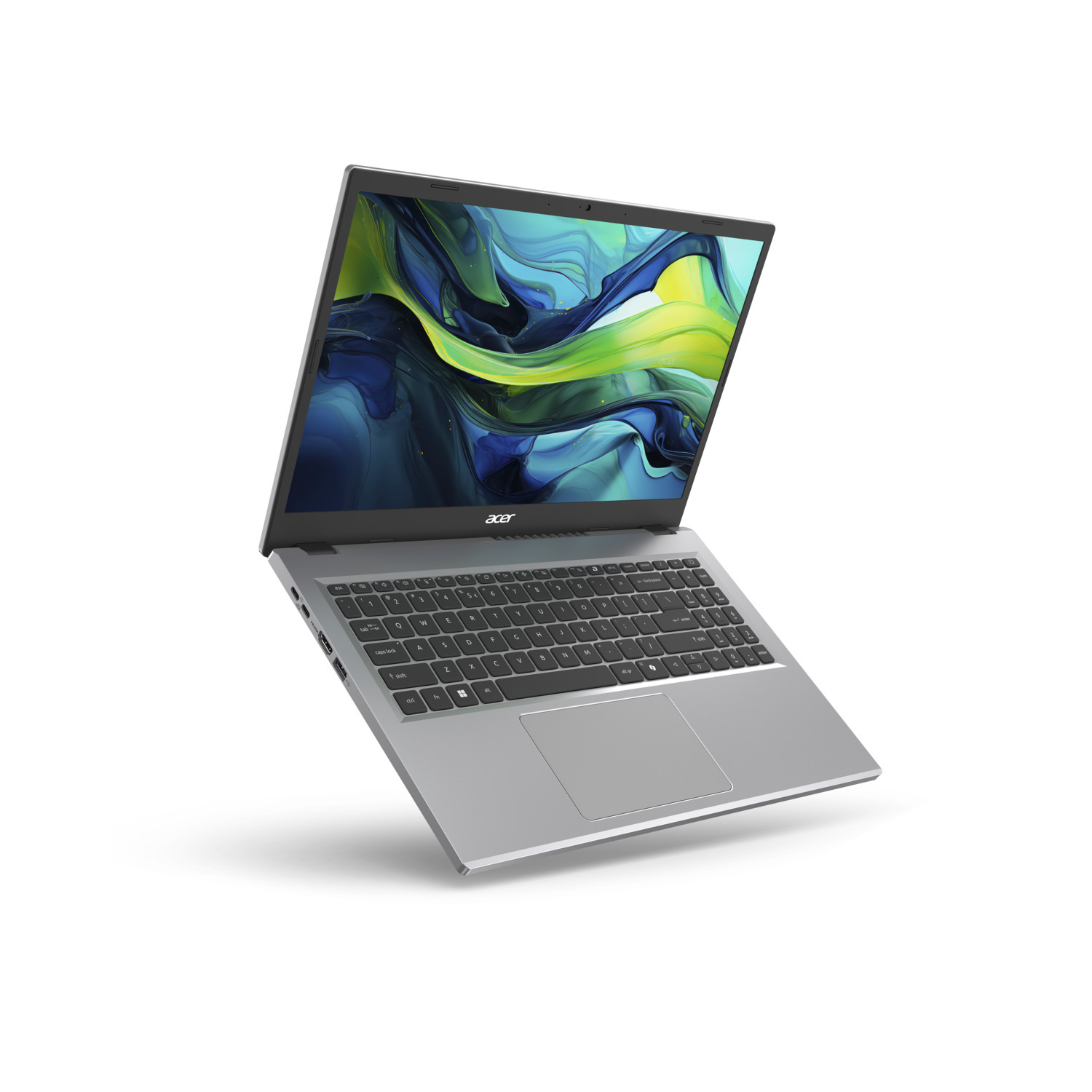 Een zilveren Acer-laptop is open, met een kleurrijke abstracte achtergrond. De laptop staat omhoog, met een toetsenbord zichtbaar.