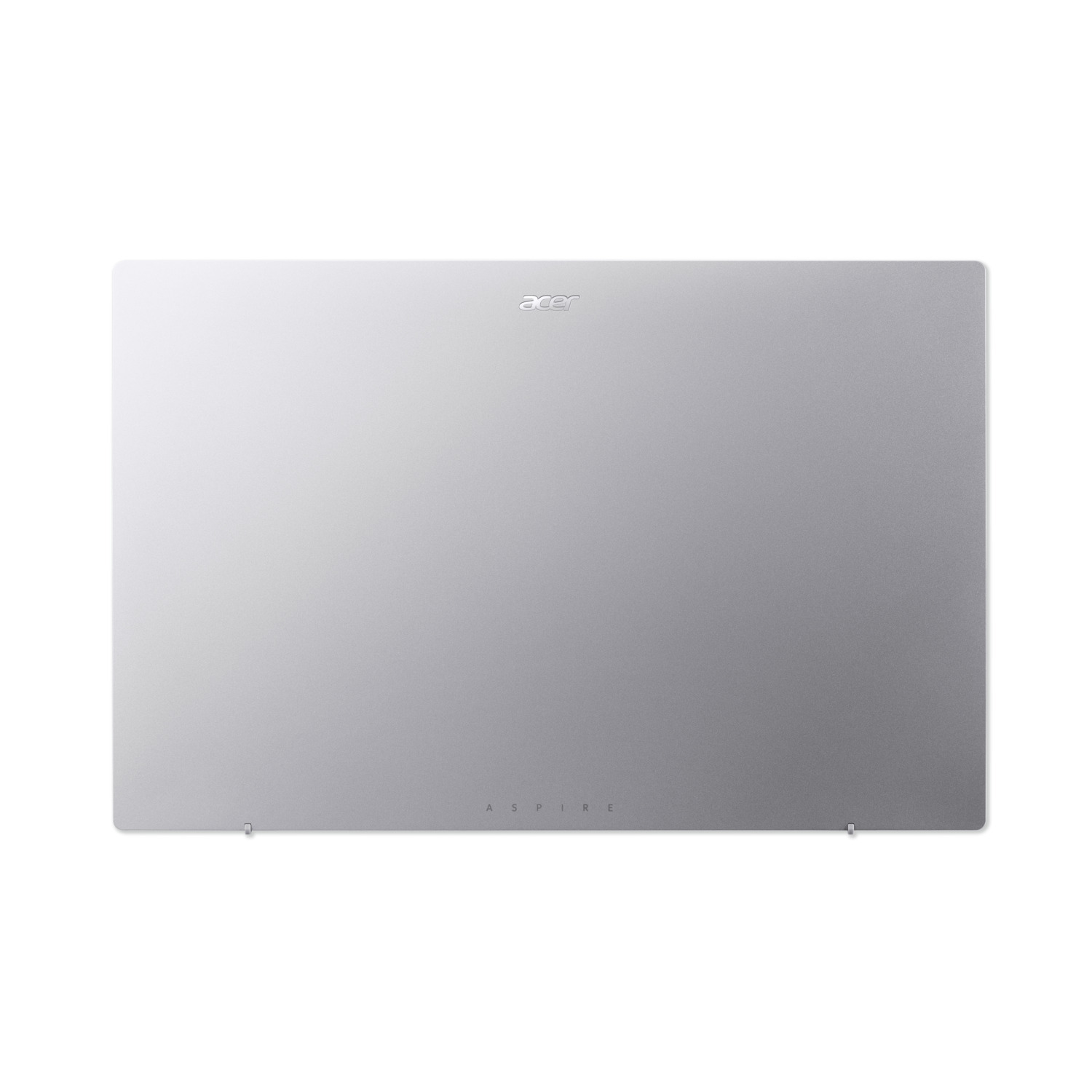 Een zilveren laptop met het Acer-logo bovenaan. Het woord 'Aspire' staat onderaan. De achtergrond is wit.