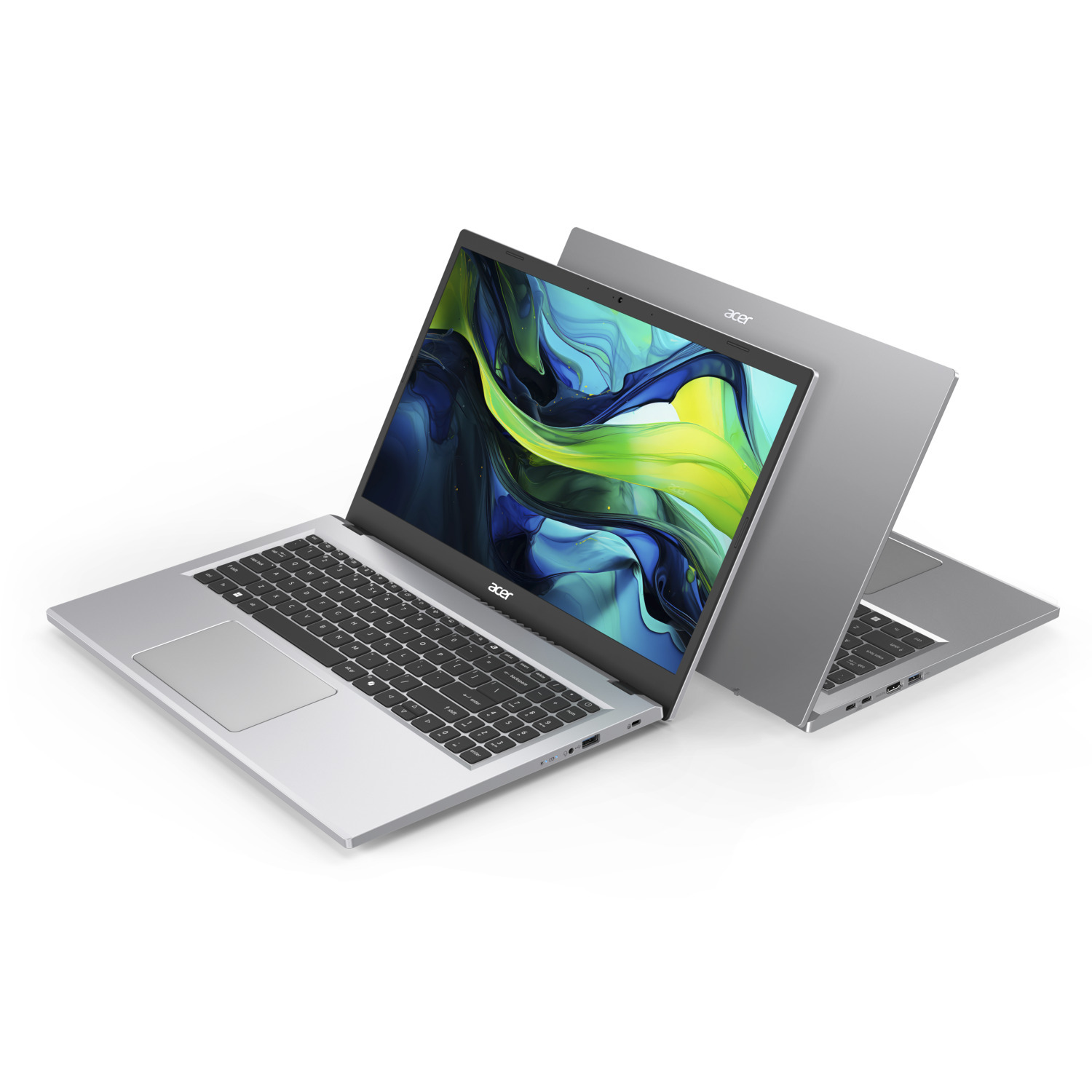 Twee zilverkleurige Acer-laptops. Eén open, met kleurrijke abstracte kunst, en een andere gesloten erachter. Beide op een wit oppervlak.