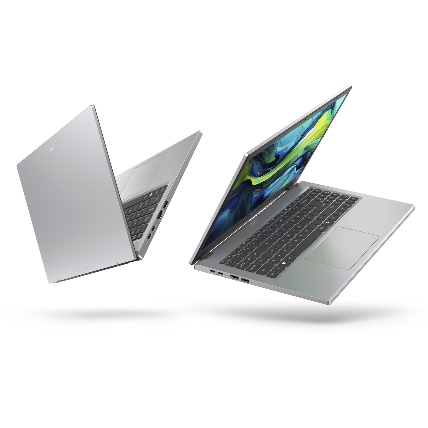 Twee zilveren laptops worden getoond, één gesloten en één open, met een kleurrijk scherm. Beide zweven tegen een witte achtergrond.