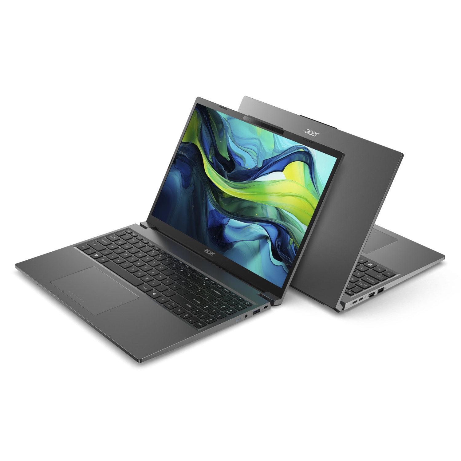 Deux ordinateurs portables Acer gris. L'un ouvert, montrant un écran coloré. L'autre partiellement fermé. Les deux sur fond blanc.