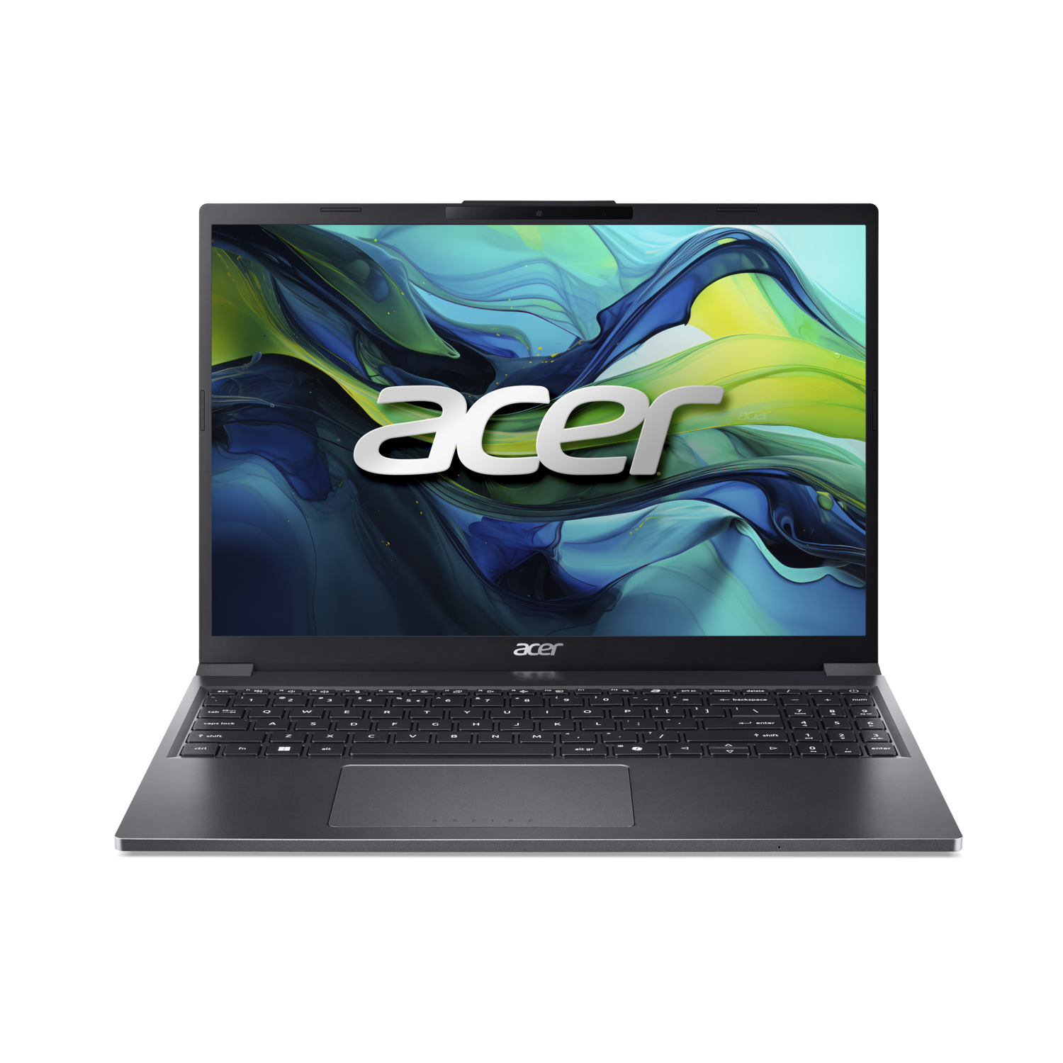 Un ordinateur portable Acer ouvert sur fond noir. L'écran affiche une image abstraite colorée, avec le logo Acer en évidence.