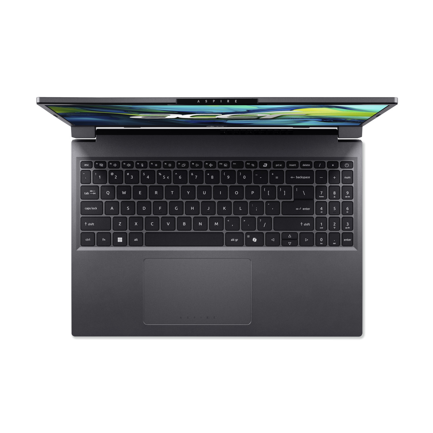 Vue de dessus d'un ordinateur portable Acer Aspire gris, ouvert. Clavier et pavé tactile visibles. Écran avec design abstrait coloré.