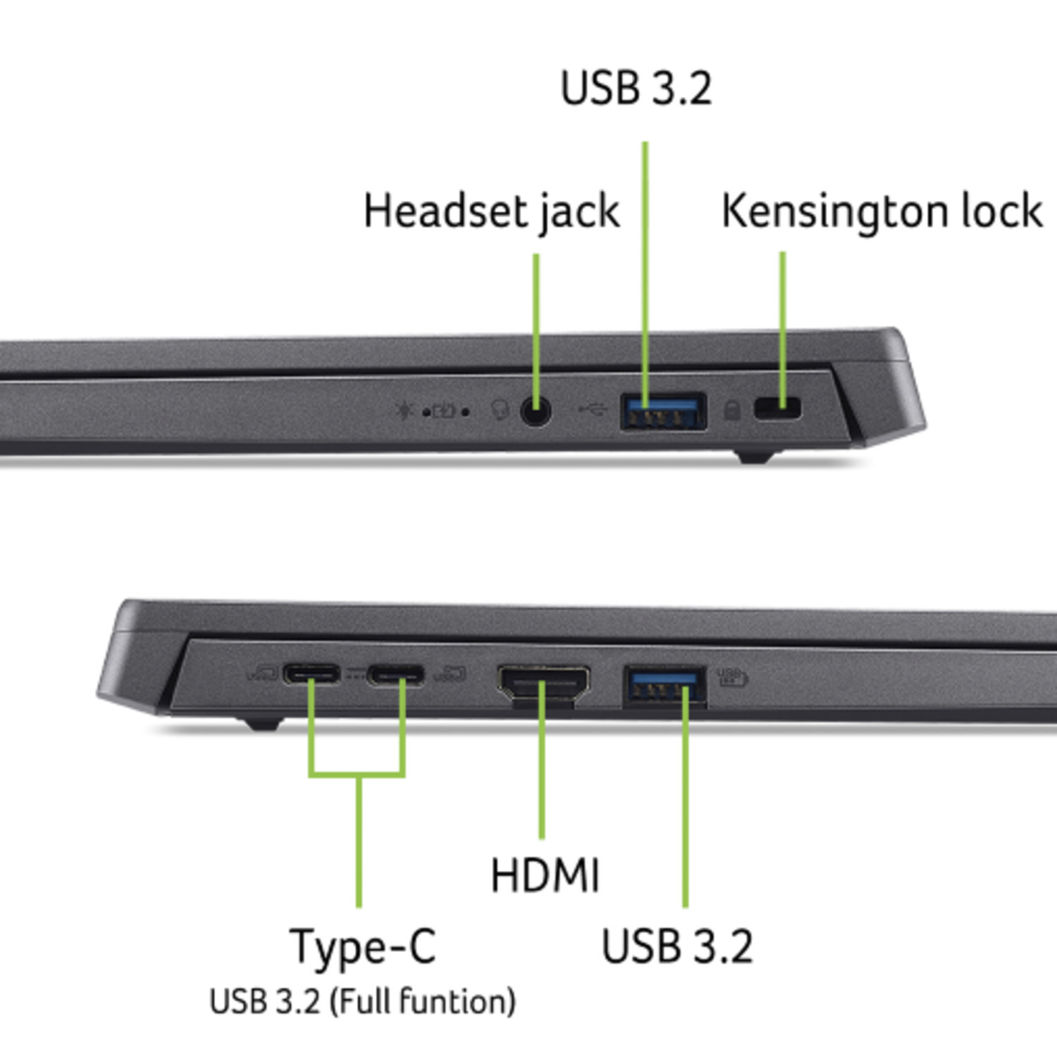Ports d'ordinateur portable : USB 3.2, prise casque, verrou Kensington, Type-C, HDMI et un autre port USB 3.2 sont étiquetés.