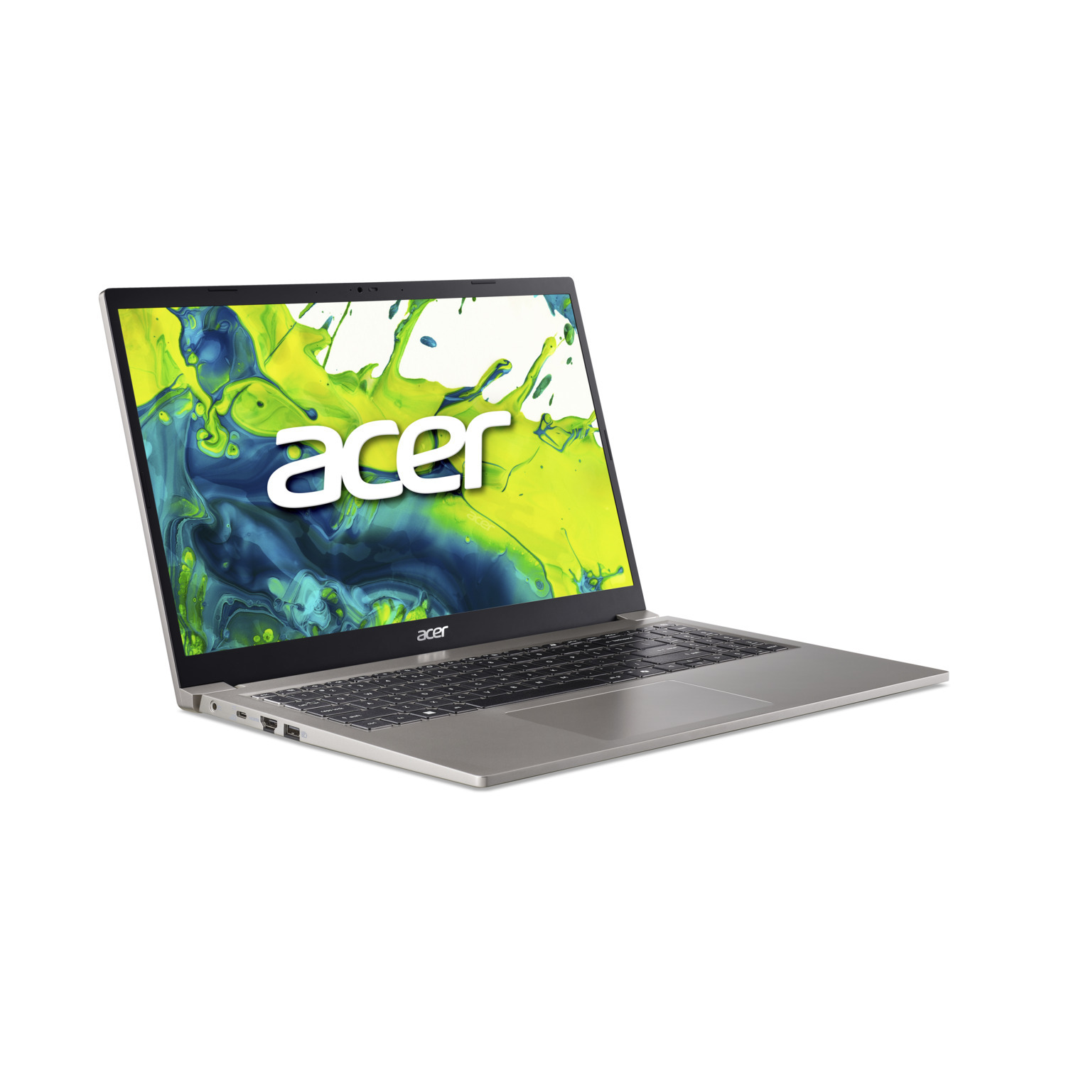An Acer laptop, silver in color, angled slightly to the right. The screen displays the Acer logo over a colorful splash background.