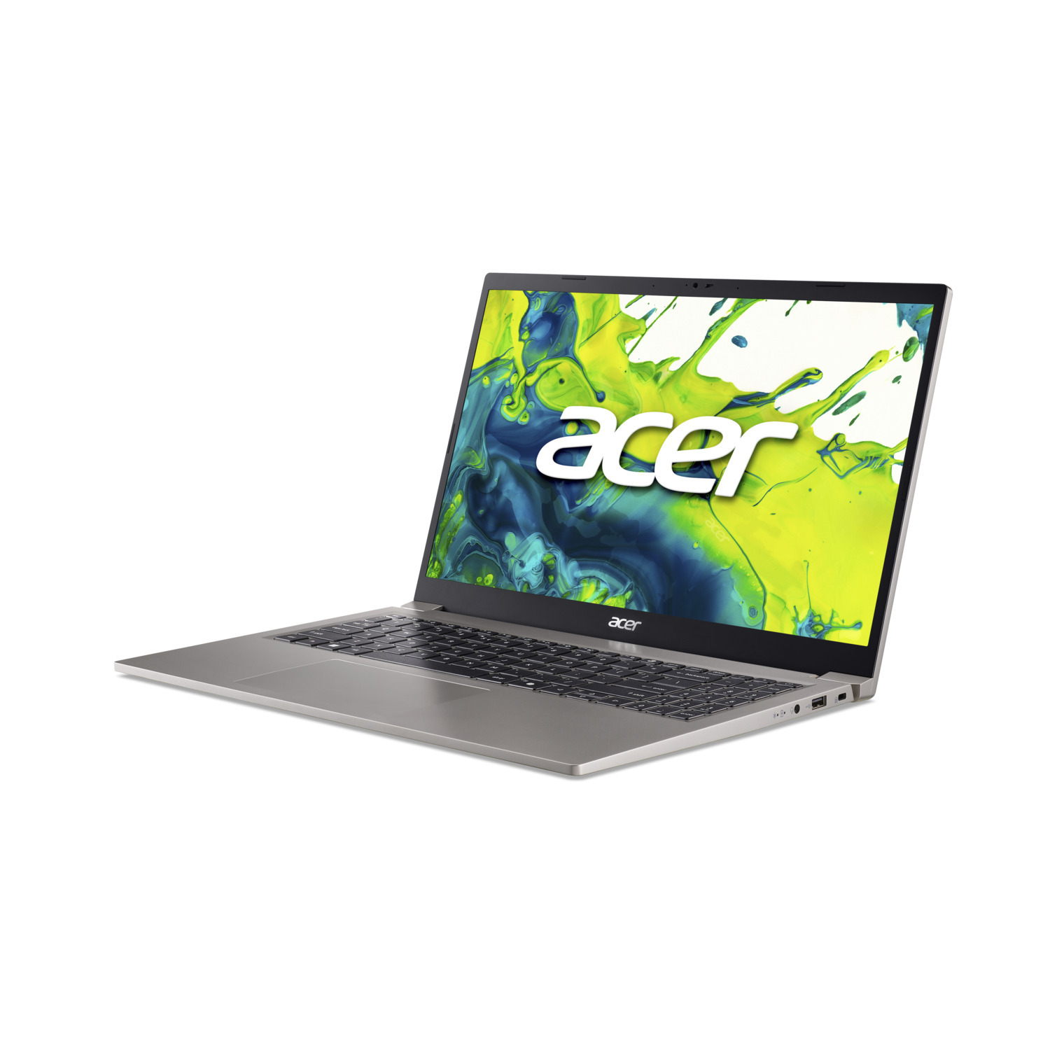 Silver Acer laptop open on a white background. Screen shows green and yellow splash art. The Acer logo is visible.