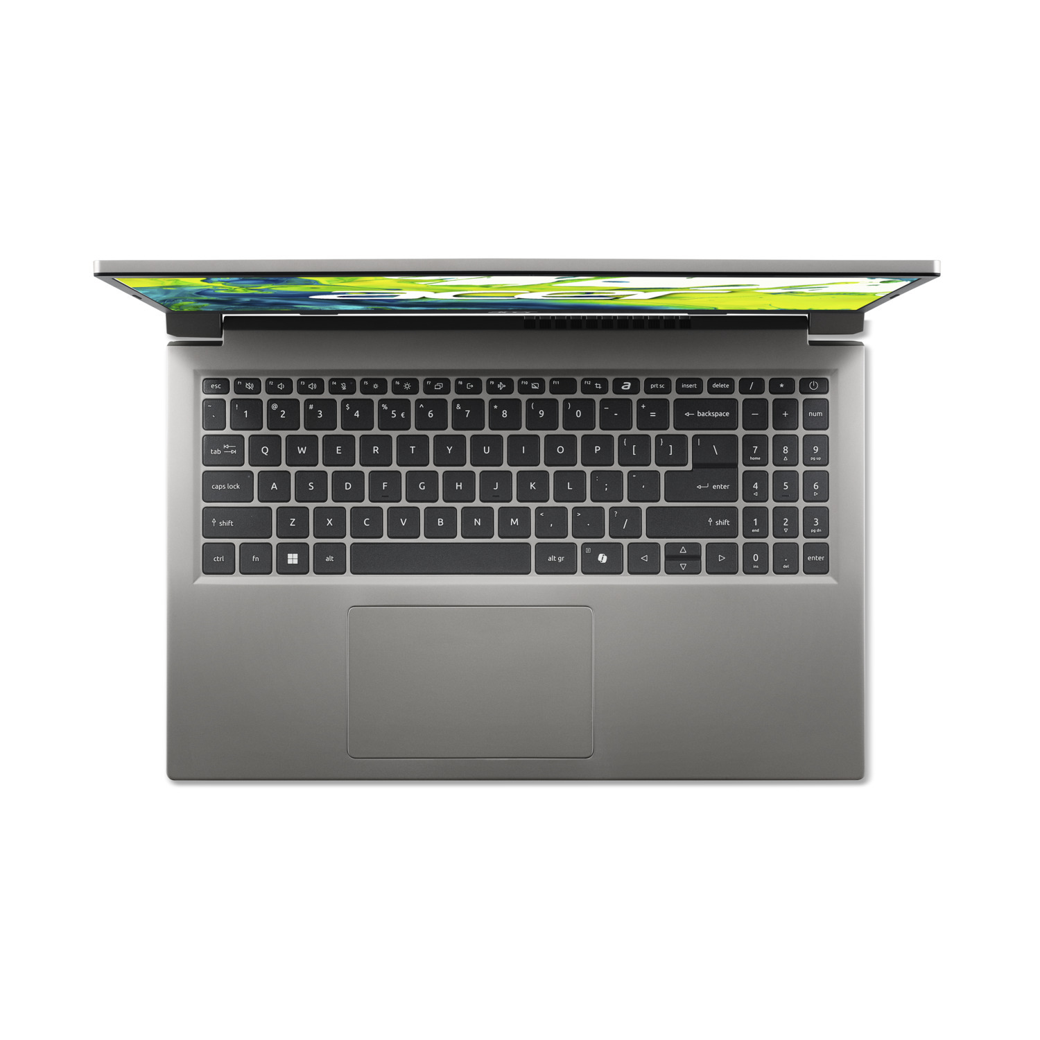 Top-down view of a gray laptop with the screen open. The keyboard is visible, with keys labeled and a touchpad below.