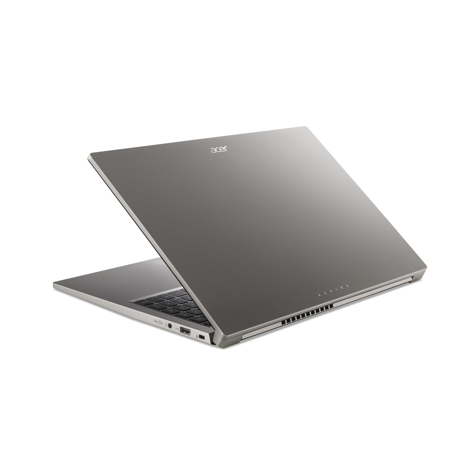 A silver Acer Aspire laptop is open. The keyboard is visible. The background is white.