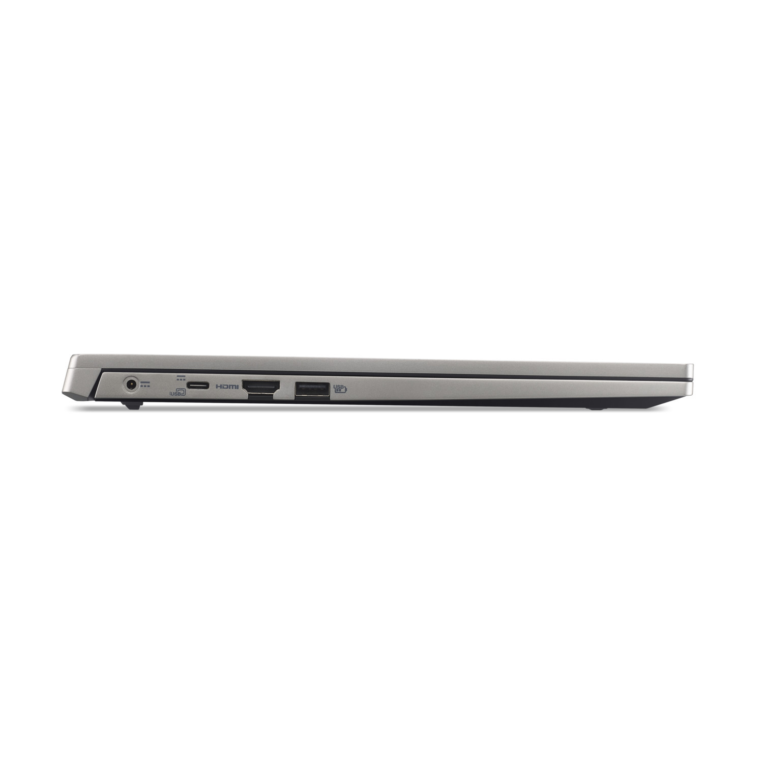 Silver laptop side view, ports visible: USB, HDMI, and power. The laptop is closed against a white background.