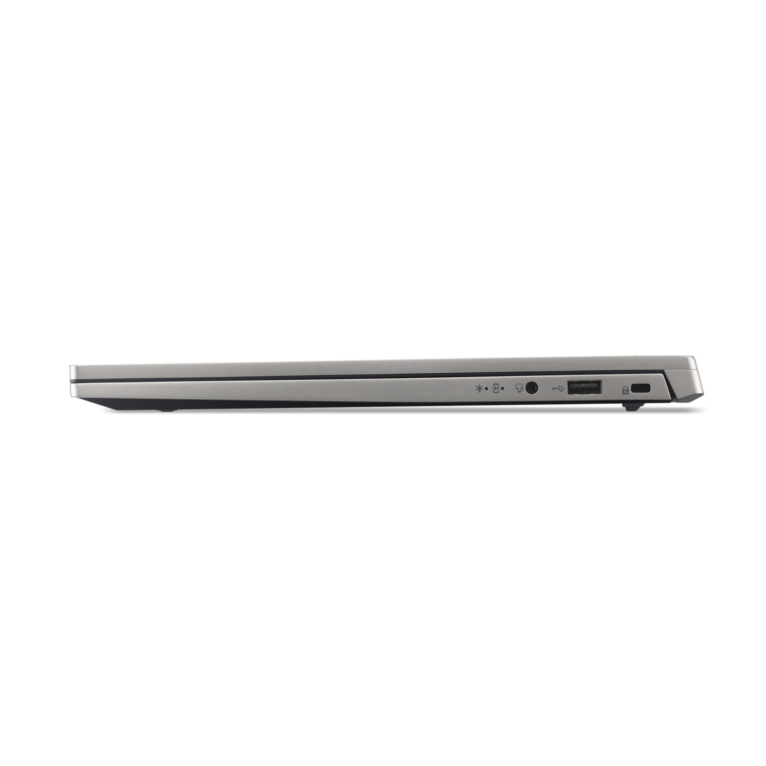 A closed silver laptop, side view, with ports visible. It's on a white background.