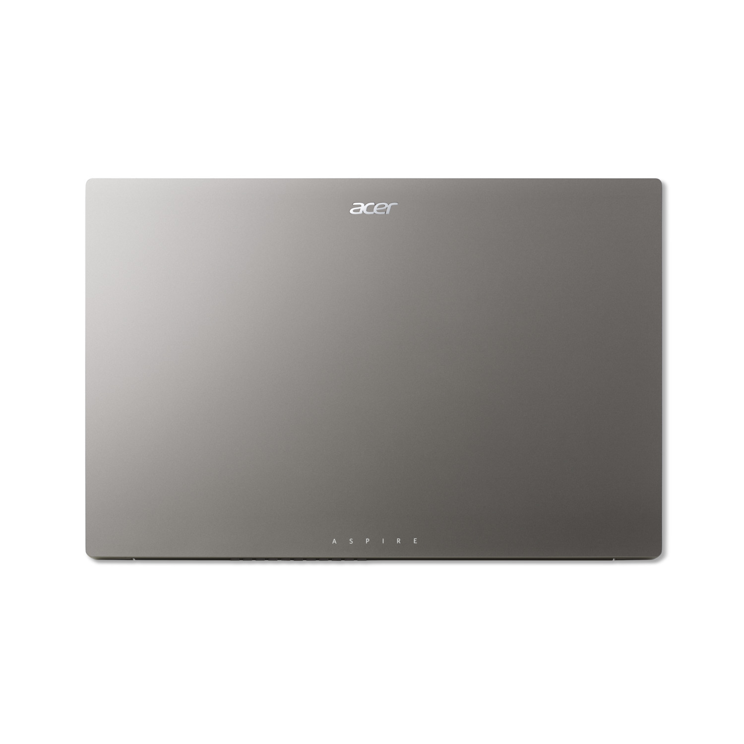 Silver laptop, top view, on white background. Acer logo at the top, Aspire text at the bottom.